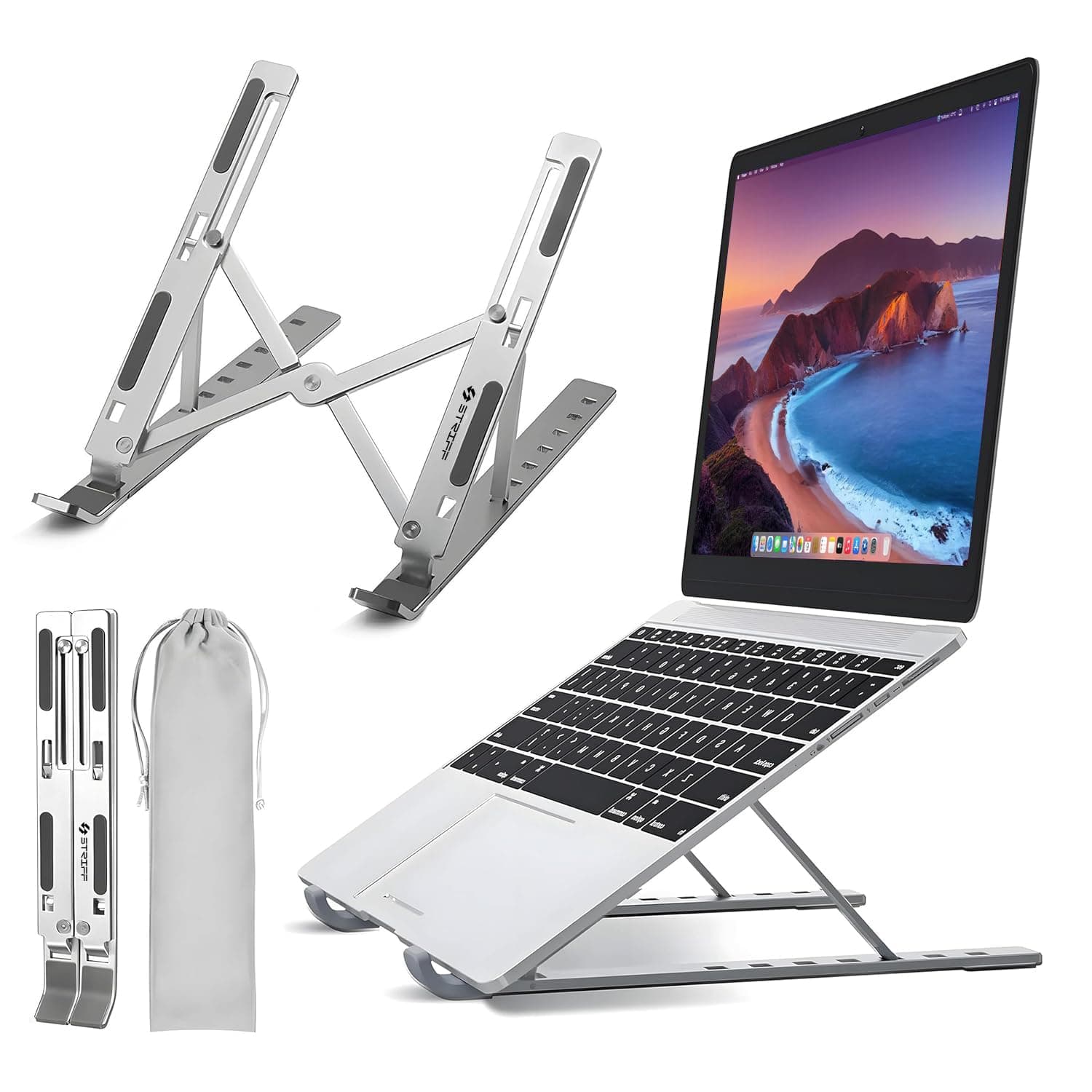 STRIFF Laptop Tabletop Stand, Fold-Up, Adjustable, Ventilated, Portable Holder For Desk, Aluminum Foldable Laptop Ergonomic Compatibility With Up To 15.6-Inch Laptop, All Mac, Tab, And Mobile (Silver)