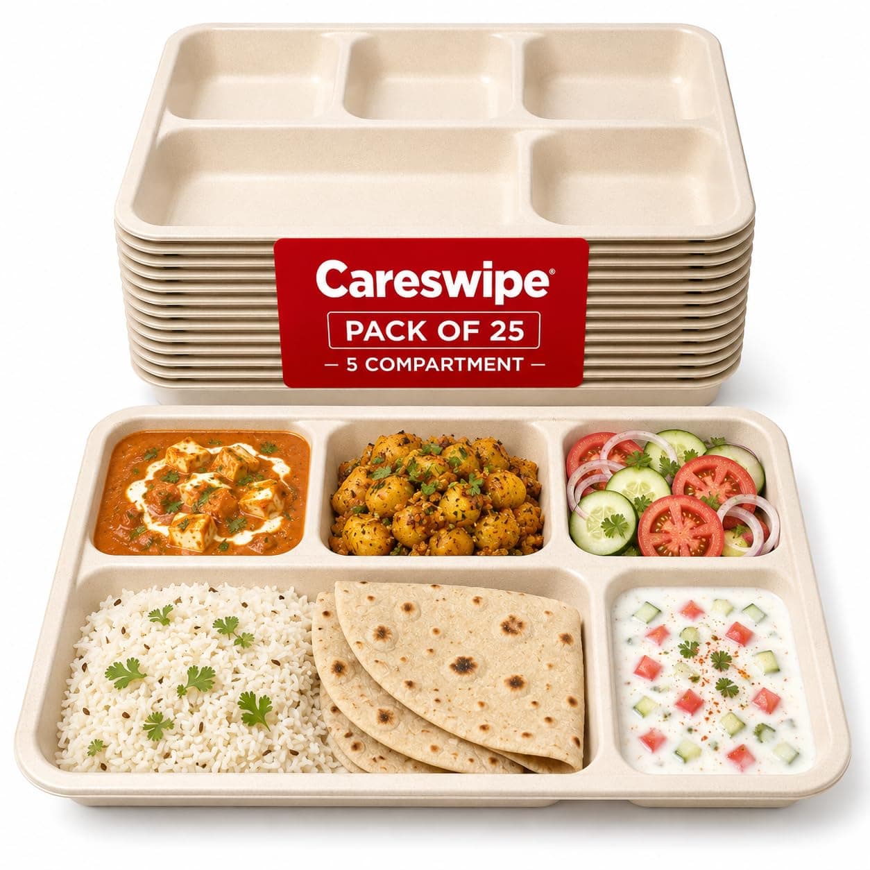 Careswipe Disposable Paper Plates 5 Compartment Meal Tray Pack of 25 | Eco Friendly Disposable Food Tray | Home Use, Party, Picnic, Restaurant & Catering Use | Leak Proof & Heavy Duty