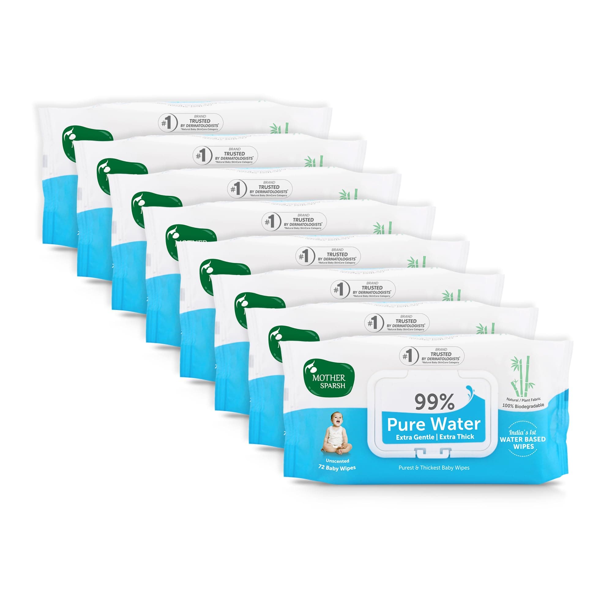 Mother Sparsh 99% Pure Water (Unscented) Baby Wipes I Natural Plant Made Fabric - Super Thick I 72 pcs/Pack - Pack of 8