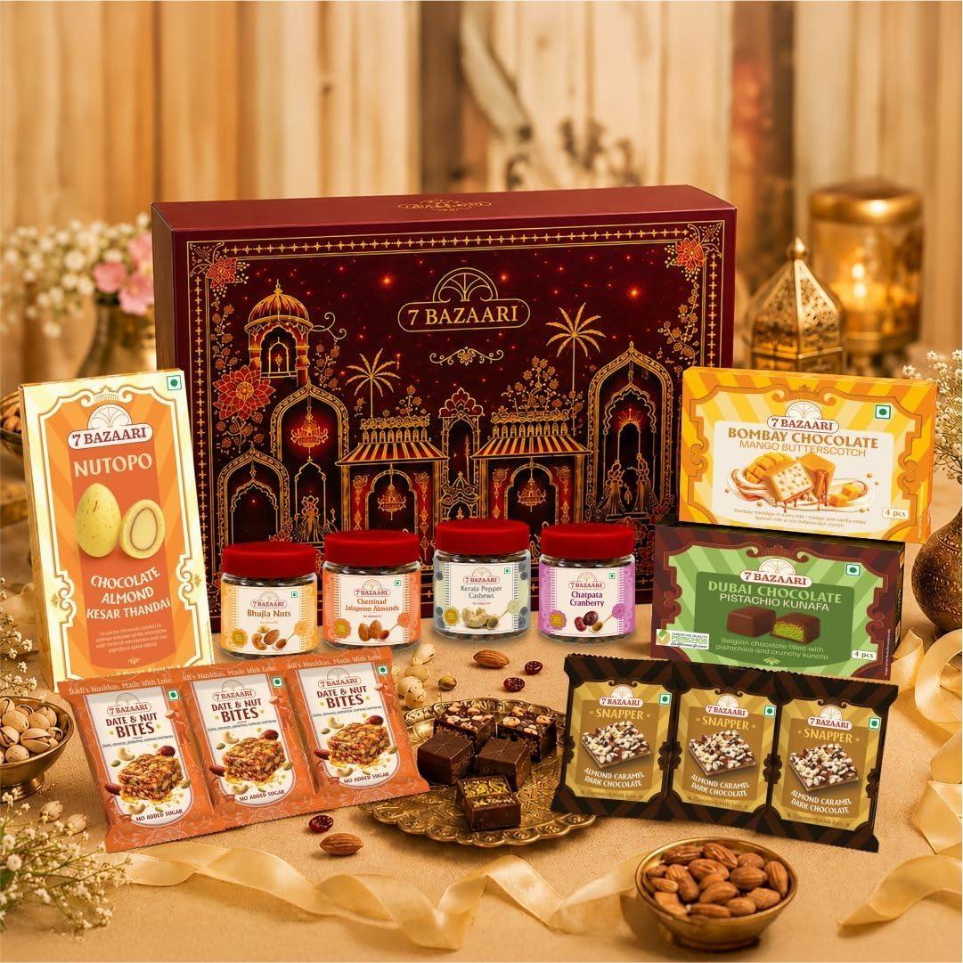 7 BAZAARI Ganesh Chaturthi Signature Tohfaa 3 | Premium Chocolates & Snacks Gift Hamper | Festive Gift for Family & Friends | Ganpati Celebration Gift Box | Indian Festive Hamper