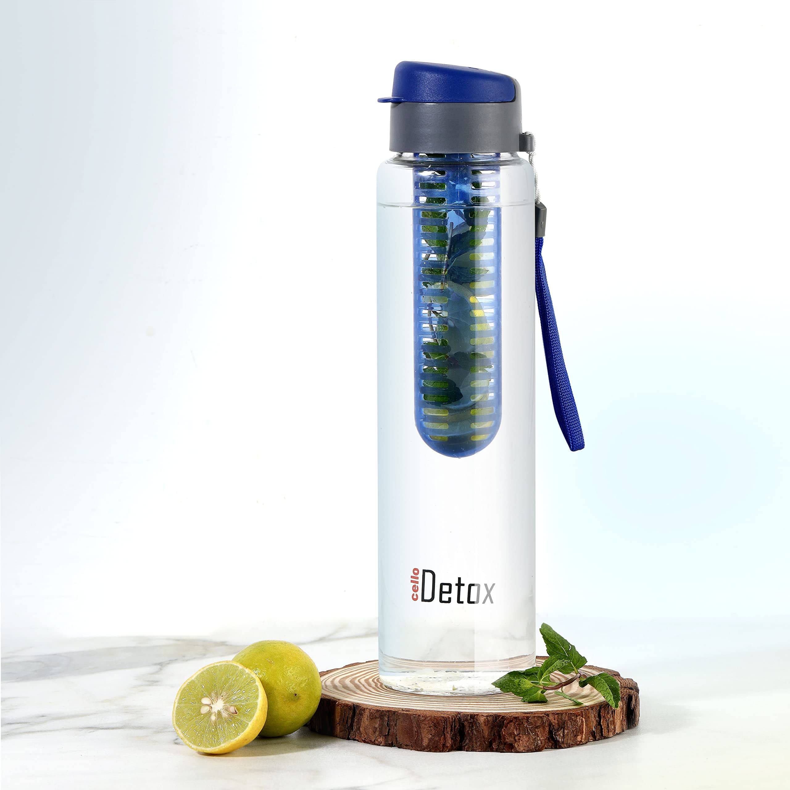 CELLO Fruit Infuser Glass Water Bottle for Office & Daily Use 750 ml Blue | Durable & Stylish, Freezable & Fridge Safe, Leakproof Wide Mouth Leadfree Toughened Glass Water Bottle For Kitchen & Travel