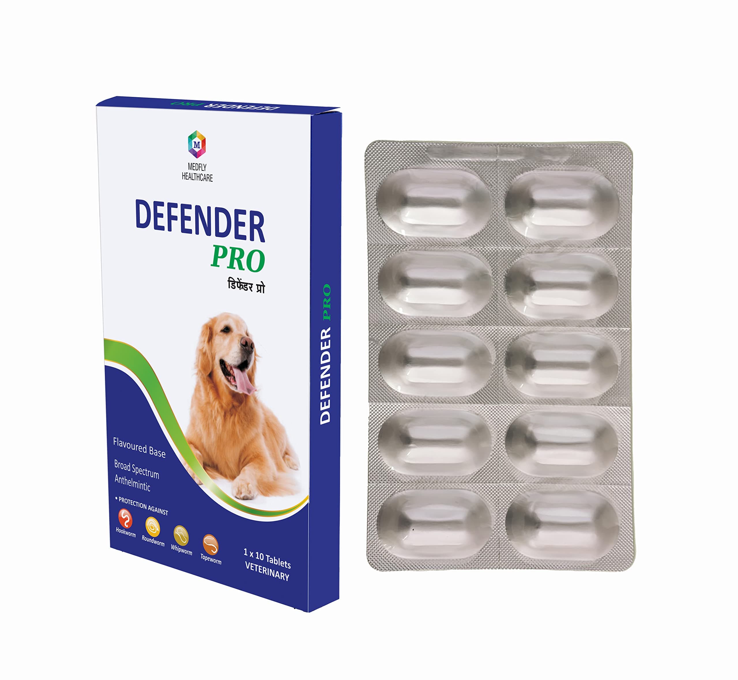 Medfly Healthcare Defender Pro Deworming Tablet for Dogs of All Life Stages (Pack of 1) | Natural & Herbal Ingredients | Effective Formula to Kill & Expel Parasites | 10 Tablets Per Pack
