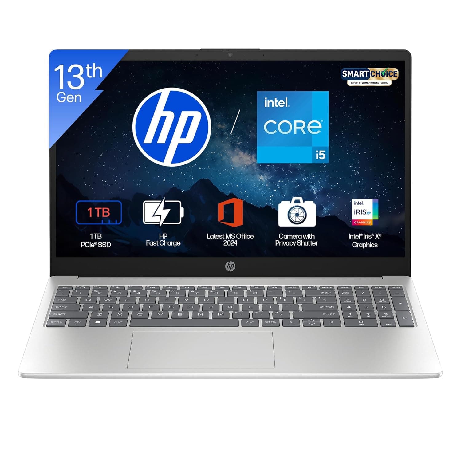HP 15 Smartchoice, 13th Gen Intel Core i5-1334U (16GB DDR4, 1TB SSD) FHD, Anti-Glare, Micro-Edge, 15.6''/39.6cm, Win11, M365(1yr) Office24, Silver, 1.59kg, FD0552TU,Iris Xe, FHD Camera, Backlit Laptop