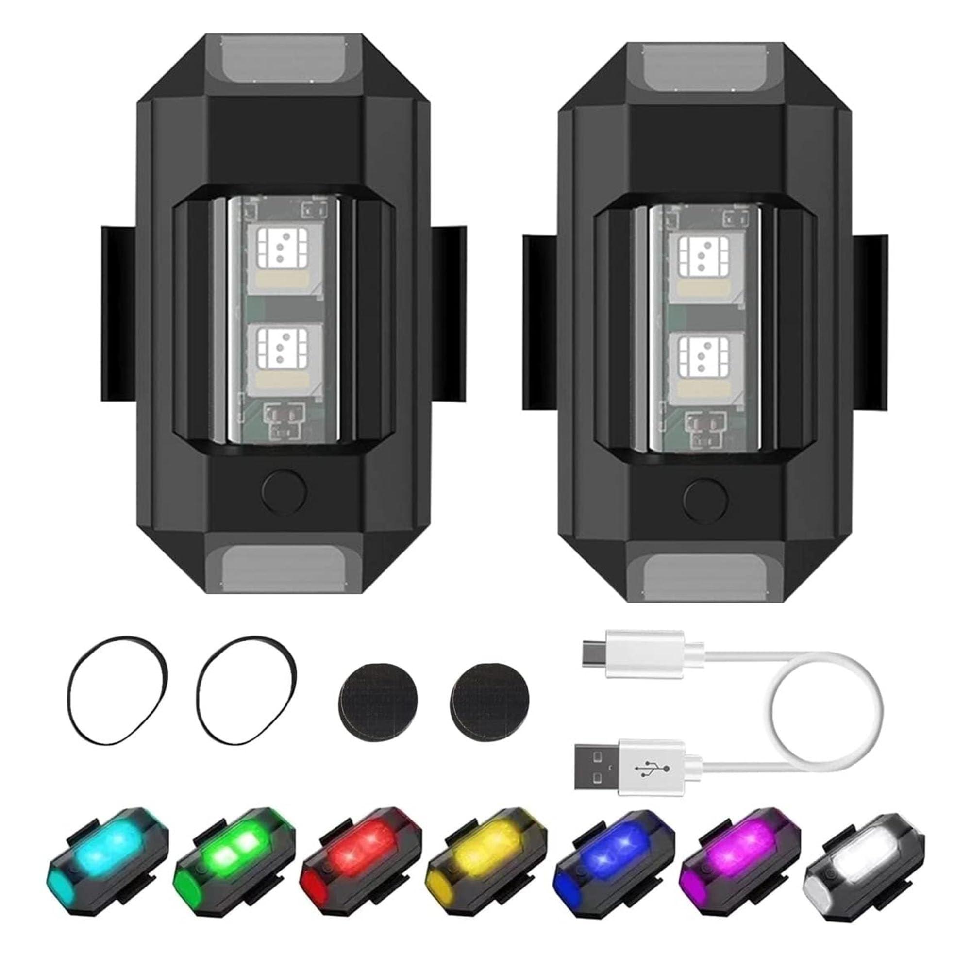 OTO2EYE PACK OF 2 Aluminium Airplane Light (7 Colors) Waterproof Universal Warning Signal Blinker Led Strobe Rechargeable Safety Light For Bike Motorcycles Cars Bicycle Drones Helmet