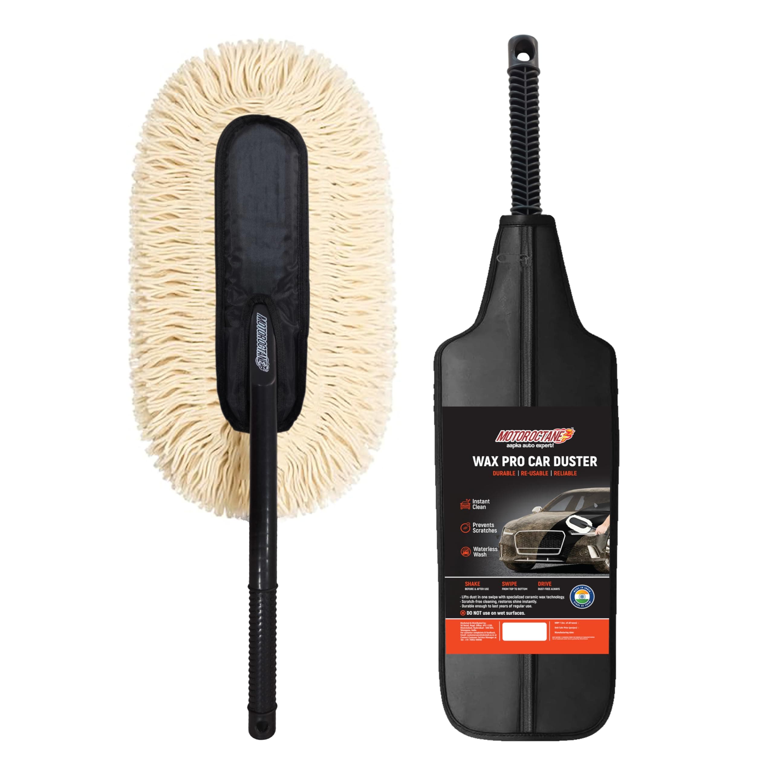 MotorOctane Wax Pro Car Duster | Wax-Coated Duster | Lint-Free & Scratch-Free Cleaning | Waterless Wash | Car Dust Cleaner | Easy Grip Long Handle