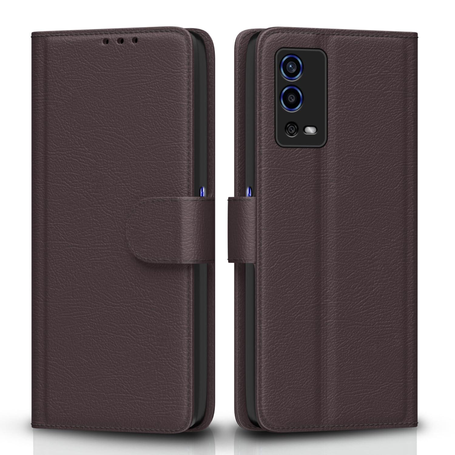 Pikkme Oppo A55 Flip Case Leather Finish | Inside TPU with Card Pockets | Wallet Stand and Shock Proof | Magnetic Closing | Complete Protection Flip Cover (Coffee)