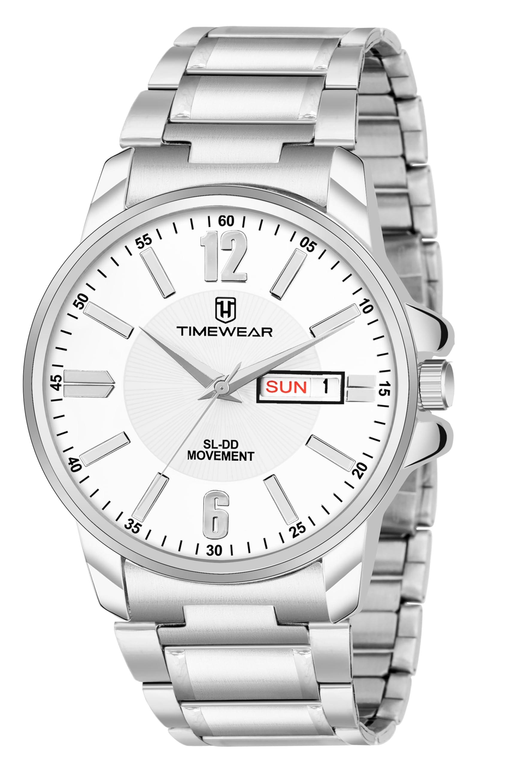 TIMEWEAR Analog Day Date Functioning White Dial Stainless Steel Chain Watch for Men