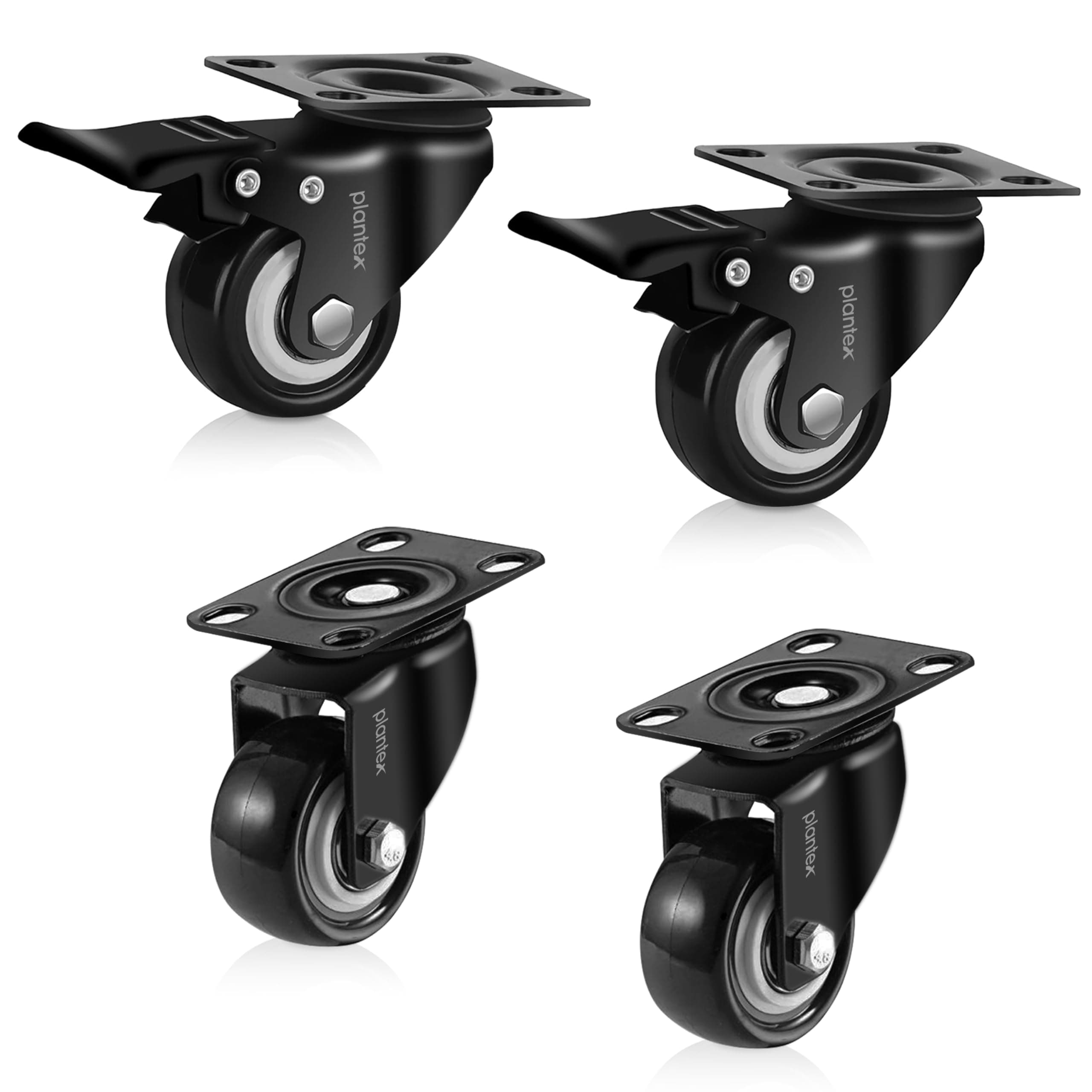 Plantex 2 Inch Caster Wheel/Soft PU Swivel Caster Wheels with 360 Degree and No Noise/Wheels for Furniture/Trolley Cart/Table (Black) - Set of 4 (2 with Brakes & 2 Without)