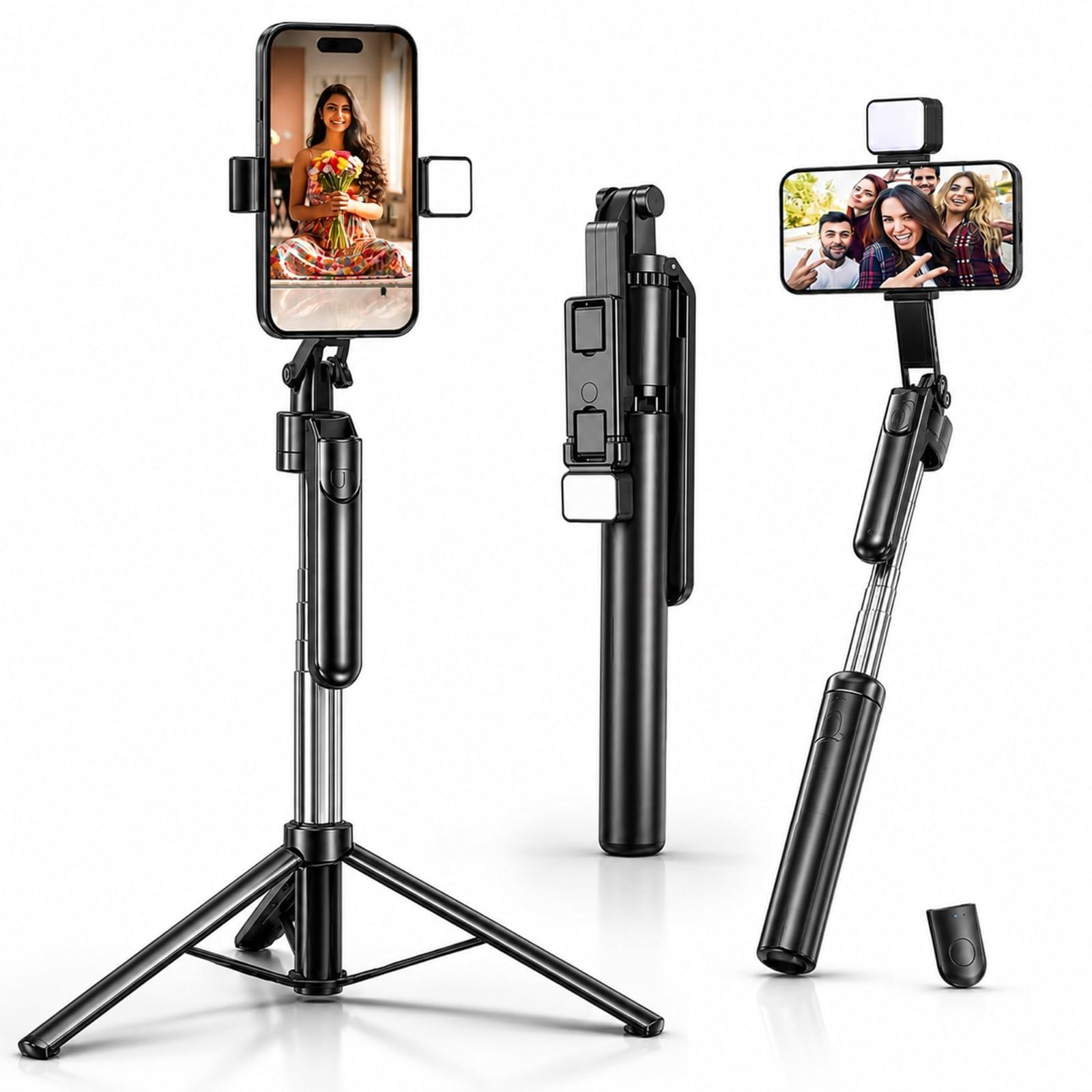 Kratos K19 Selfie Stick Tripod Stand with Light 67 inch/1.7 M, 360° Rotation Handle for Anti Shake Shooting Tripod, Multifunctional Bluetooth Tripod for Mobile Phone Vlogging, Live Stream and Travel