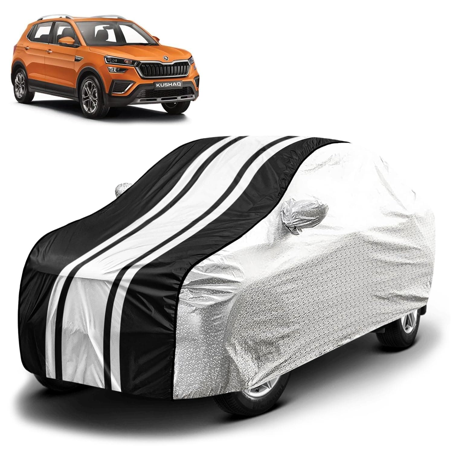 Fabtec Waterproof Car Body Cover for Skoda Kushaq with Mirror Pocket and Soft Cotton Lining, Bottom Elastic, Triple Stitched (Metallic Silver with Black Stripes) (No Antenna Pocket)