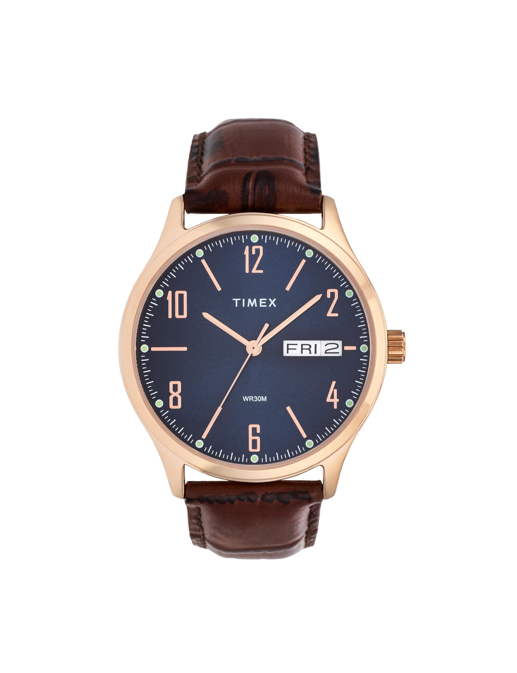 TIMEX Classics Analog Watch for Man with Blue Round Dial & Brown Leather Strap Band Water Resistant Men's Wrist Watches - TW0TG6515