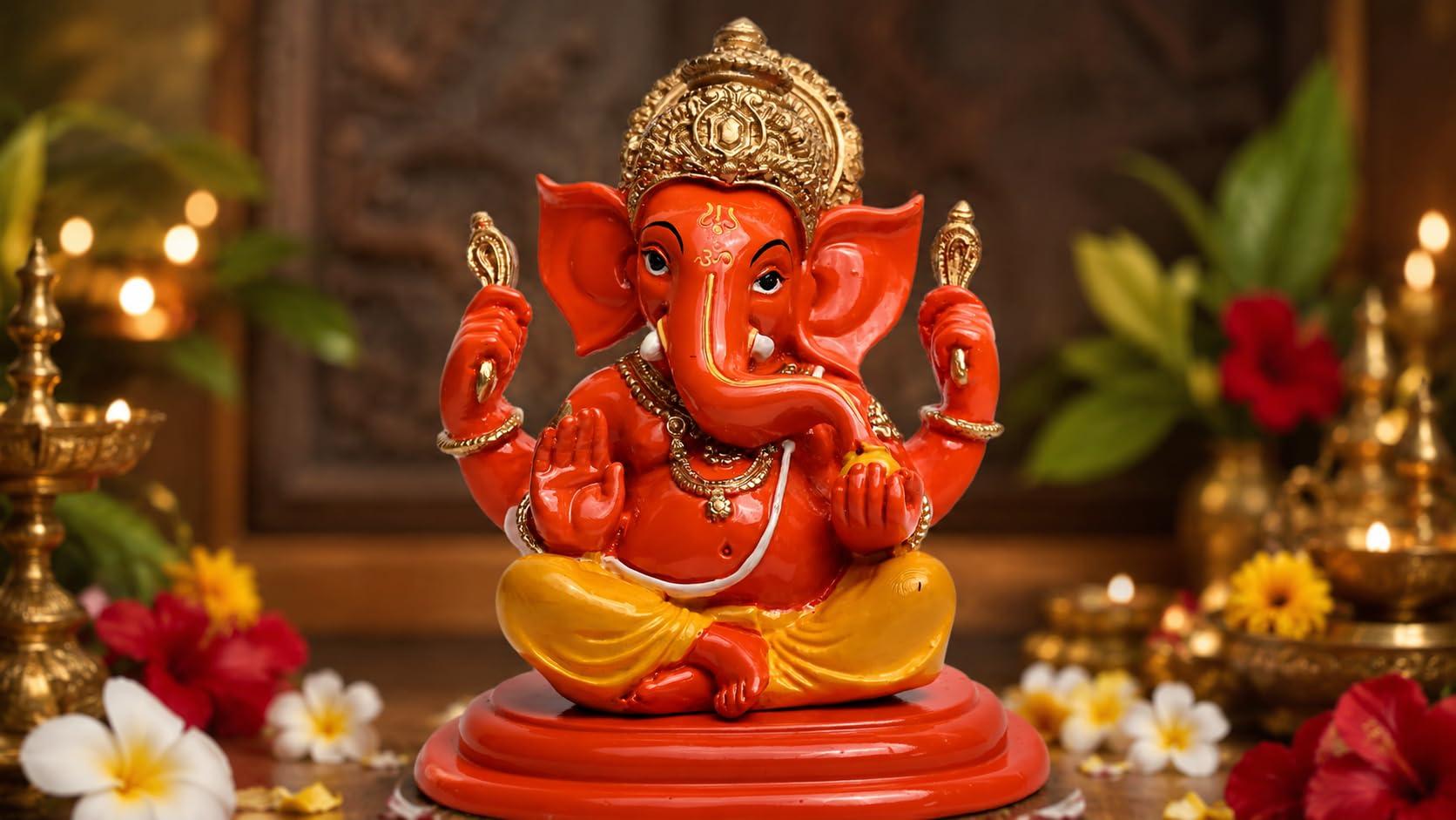 KariGhar Resin Sindur Ganesha Ganpati Bappa Idol Perfect for Housewarming, Gifting and Decoration, Spiritual Good Luck Success and Prosperity, Orange Color, 11 x 13 x 15 Cm