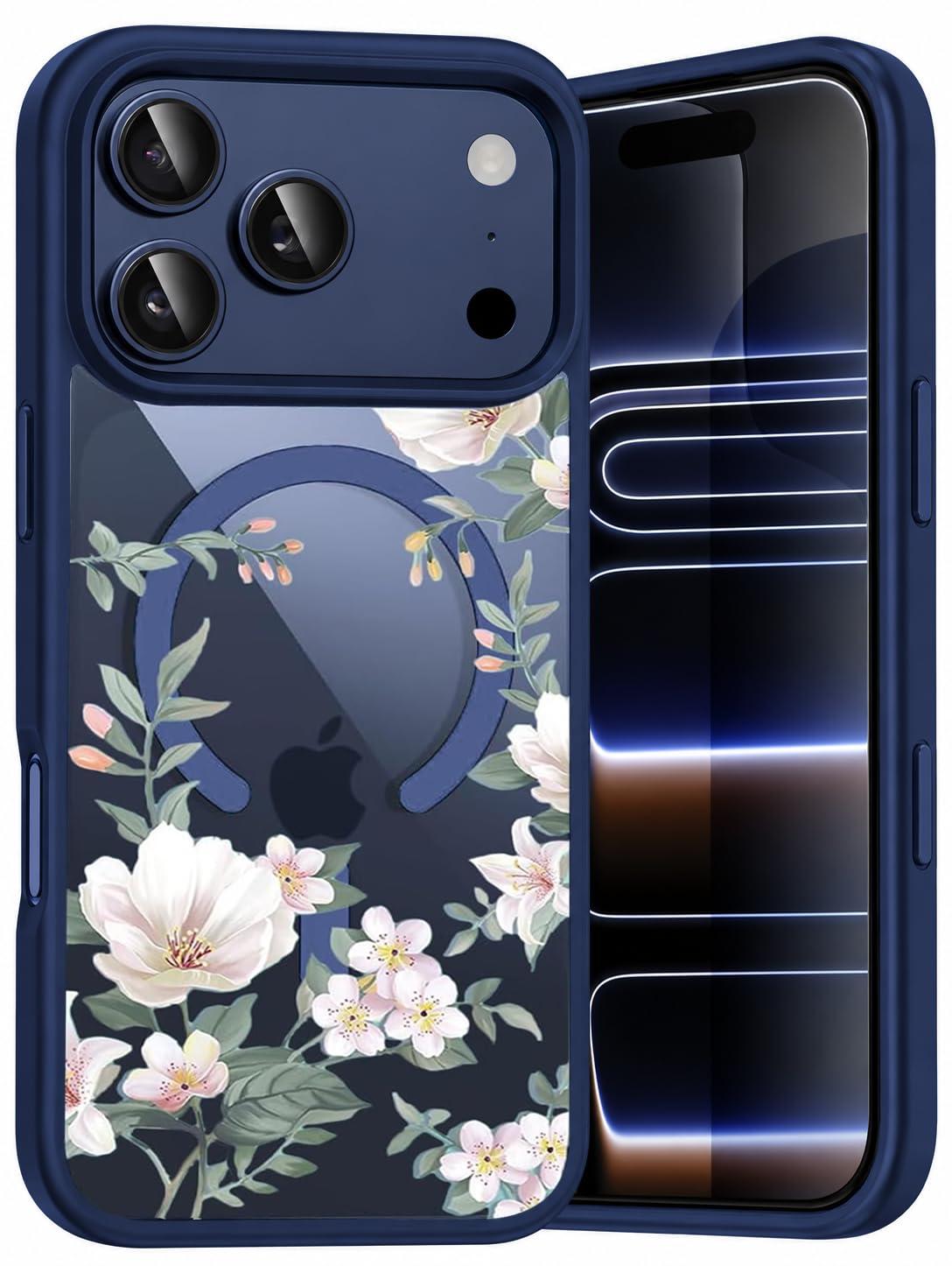 VONZEE Compatible with Mag-Safe Designed for iPhone 17 Pro Back Cover Case for Girls & Women with Luxury Retro Flowers Floral, Magnetic Wireless Charging Case Shockproof Case PC+TPU Navy Blue Cover