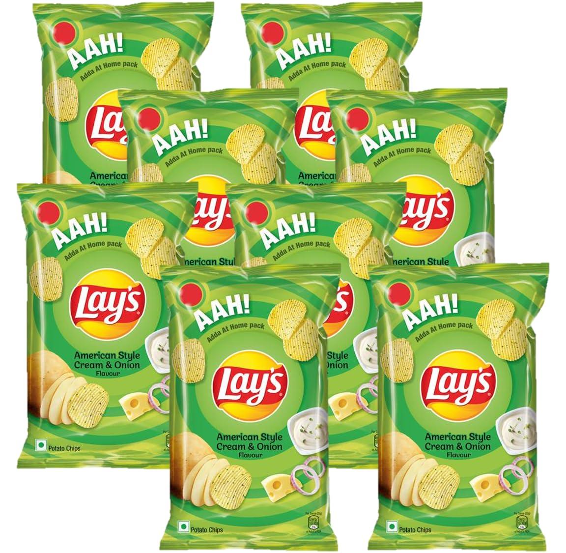 Lay's Potato Chips American Style Cream and Onion Flavour Pack, 90 Gram - [Pack of 8]