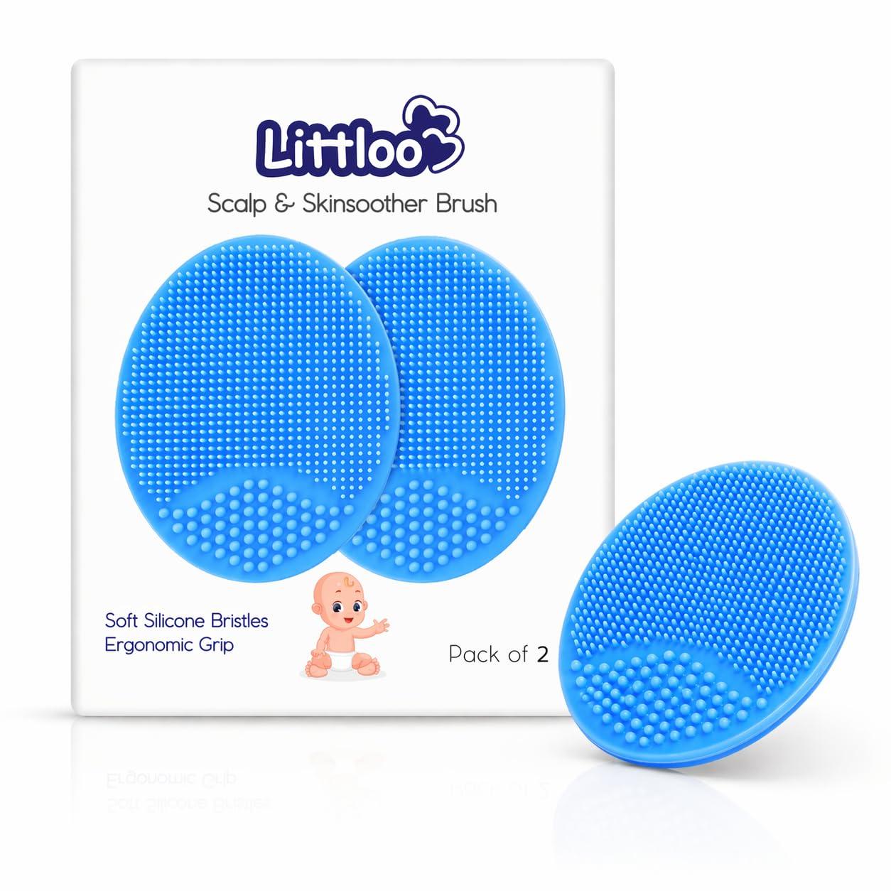 Littloo Gentle Scalp and Skin Soother Brush for Baby Cradle Cap - Soft Silicone Bristles for Safe and Effective Care - Blue (Pack of 2)