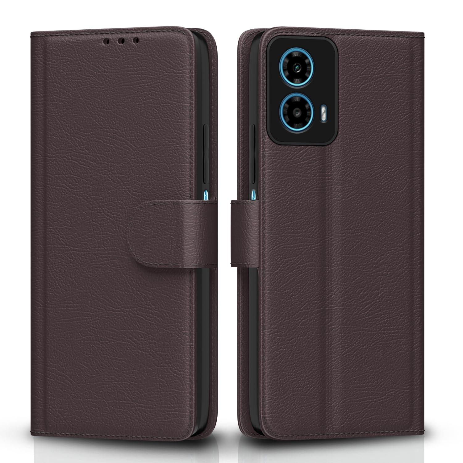 Pikkme Flip Cover Leather Finish | Inside TPU with Card Pockets | Wallet Stand and Shock Proof | Complete Protection Flip Case for Moto G34 / G45 5G (Coffee)
