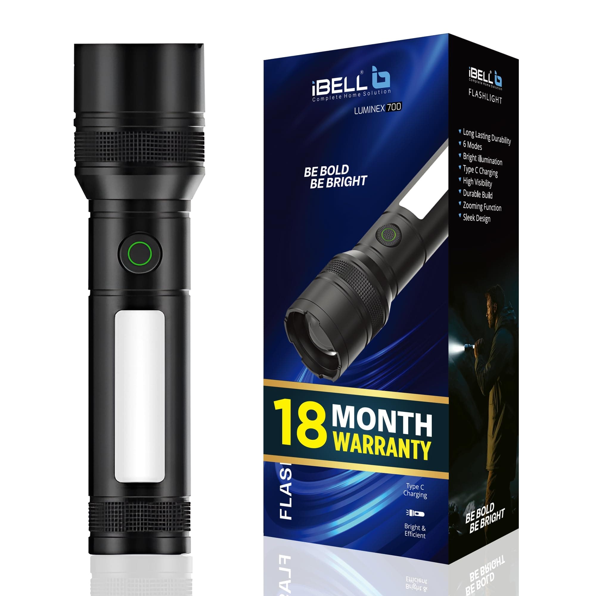 IBELL LUMINEX 700 Rechargeable Torch Light High Power, 6 Light Modes, Telescopic Zoom, Type C Charging, LED Flashlight, Super Bright & Long Distance Range, for Home, Outdoor & Emergency Use (Black)