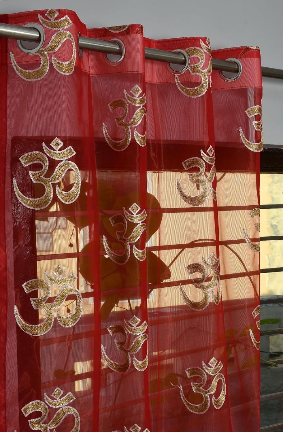 VJK FAB Om Sheer Curtains for Mandir Parde 4x5 feet Long Set of 1, Poojaghar Curtains for Poojaroom/Temple Curtain for Home Mandir Parde, 5 ft Window Red Maroon Curtain