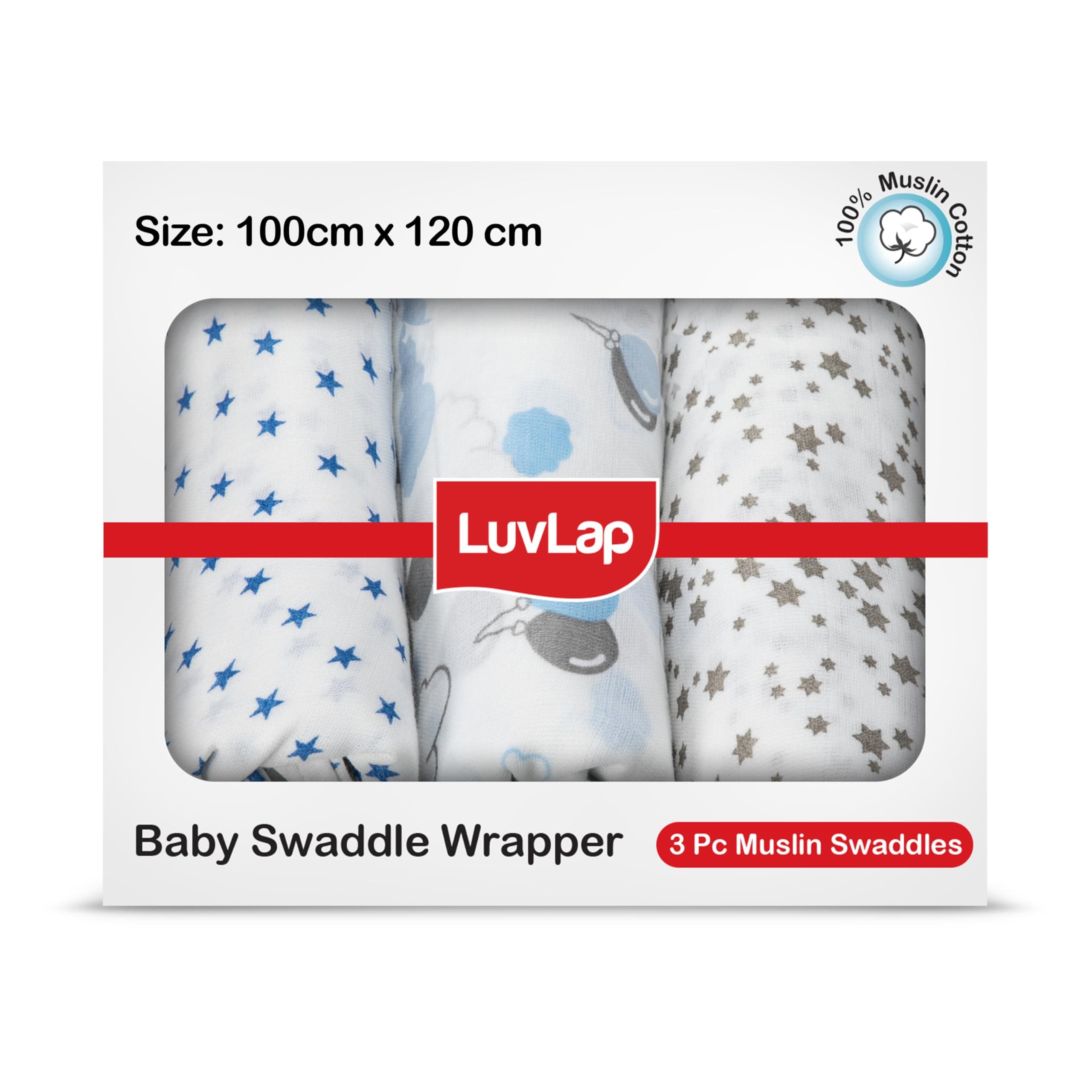 LuvLap 100% Cotton Muslin Baby Swaddle Set, Baby Towel, Size-120cm x 100cm (47"x39"), Stars Printed on White, 0-18 Month+, Printed Mulmal Muslin Swaddle Wrap for New Born, Pack of 3