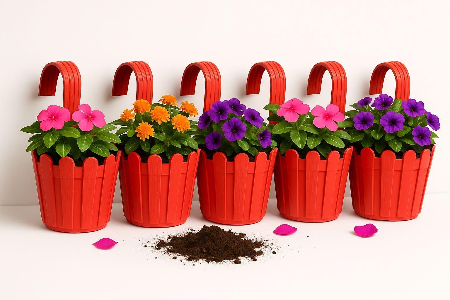 KORREL SEEDS Premium Railing Planter with Hook – Durable Plastic Hanging Flower Pot for Balcony, Fence Design Gamla for Indoor/Outdoor Plants, Herbs & Creepers (5, Red)