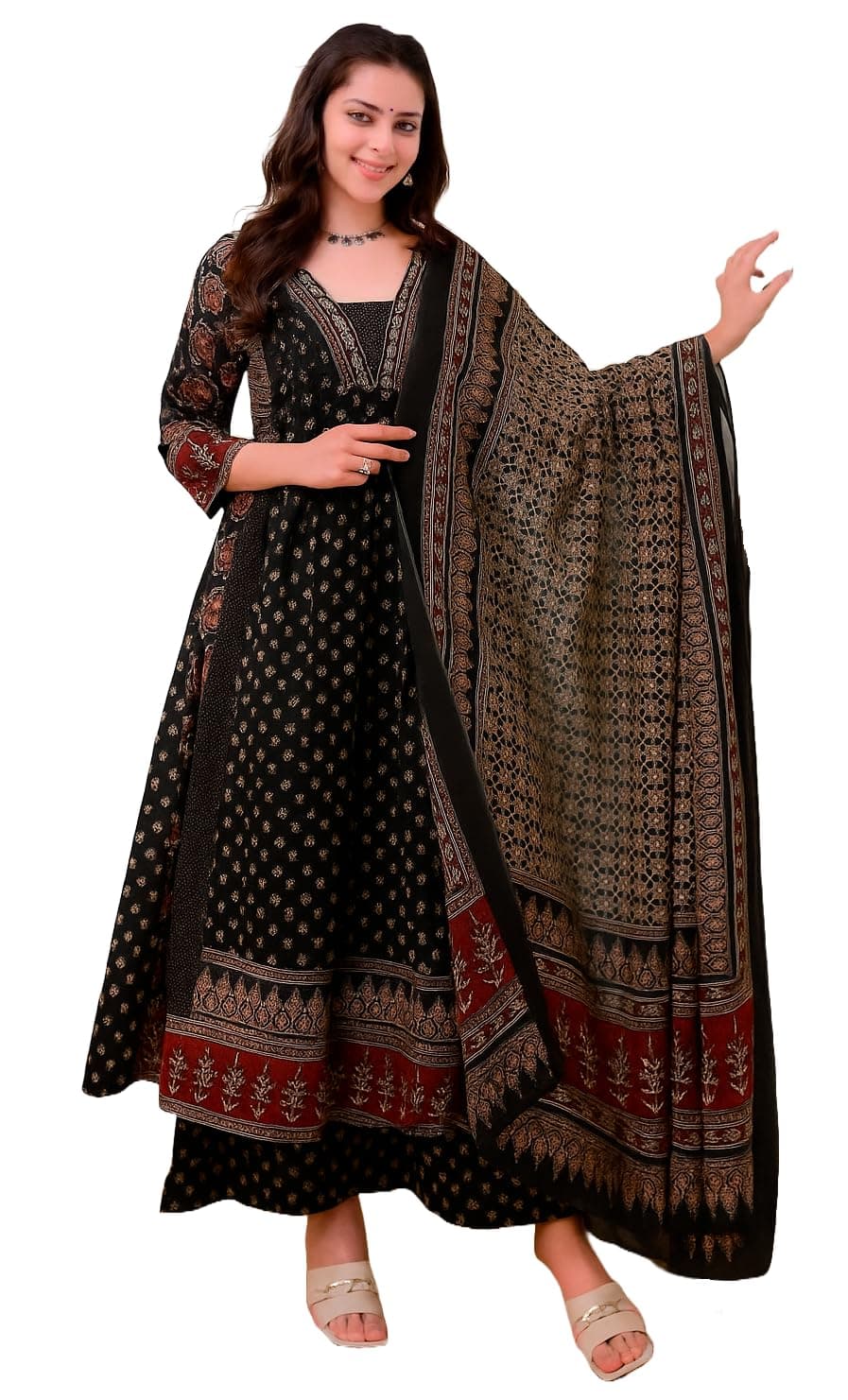 KLOSIA Women Printed Anarkali Kurta and Pant Set with Dupatta Black