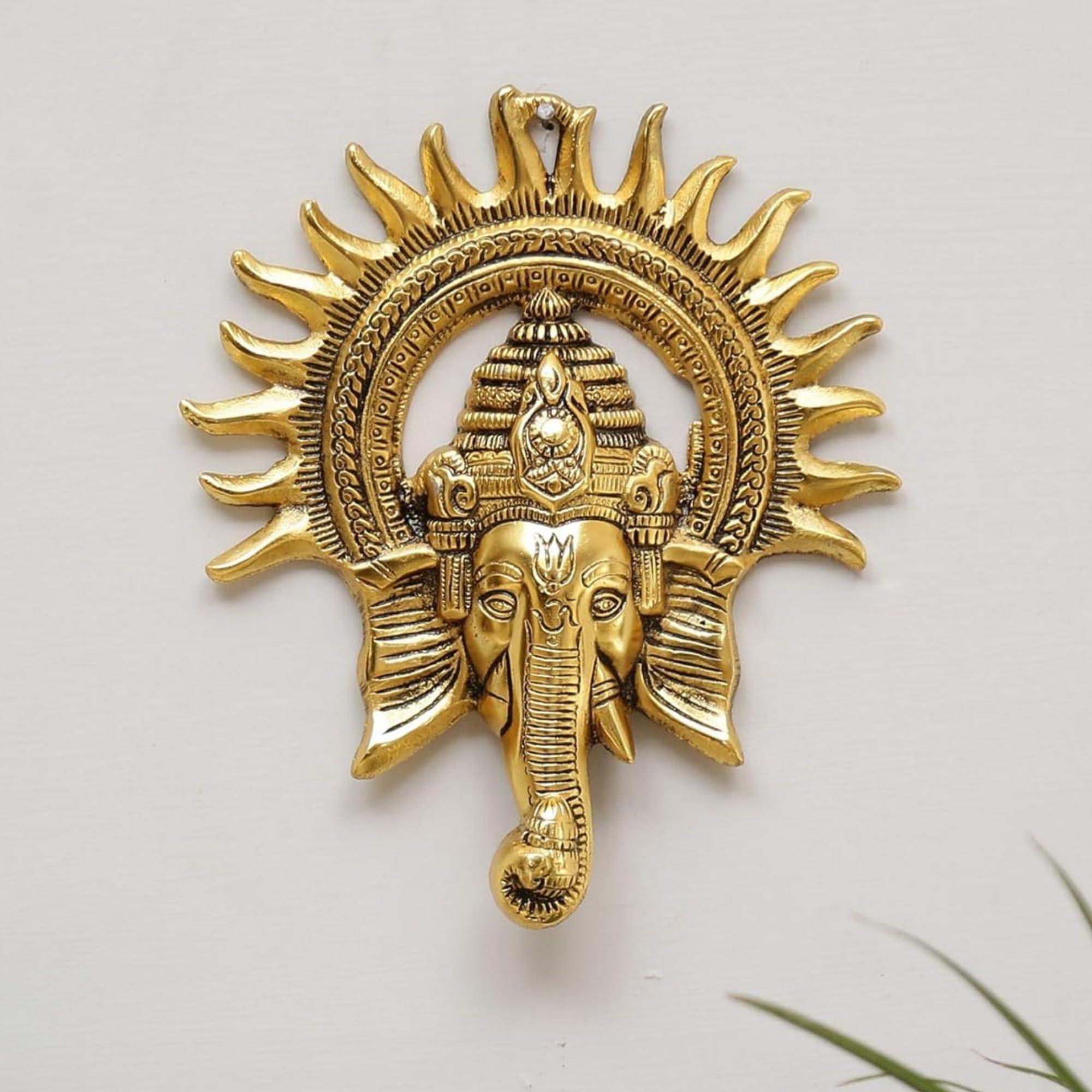 RecraftJoy Golden Surya Ganesha Wall Hanging | Metal Ganpati Face Wall Decor for Home Mandir, Temple, Main Door Entrance & Festive Religious Gift