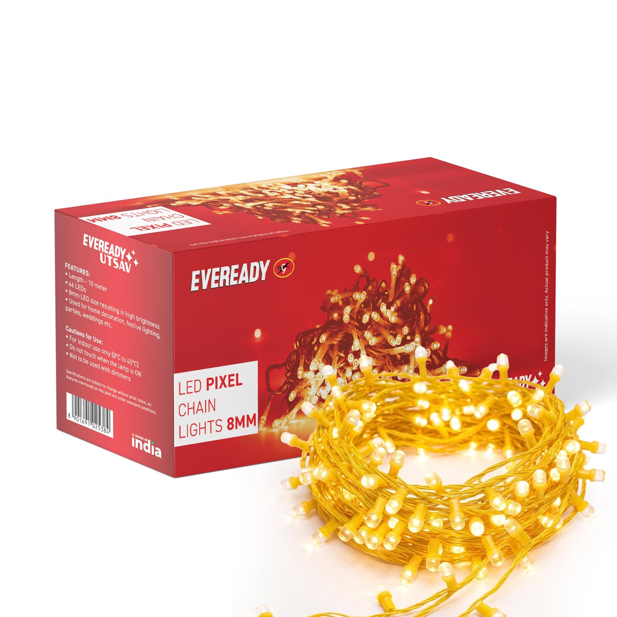 EVEREADY UTSAV, 33 FEET LED Pixel Lights, 46 Big 8MM LEDs, BIS Approved, Ultra Bright Home Decoration Ladi String Lights for Ganpati, Diwali, Christmas, Festivals, Warm White, Pack of 1