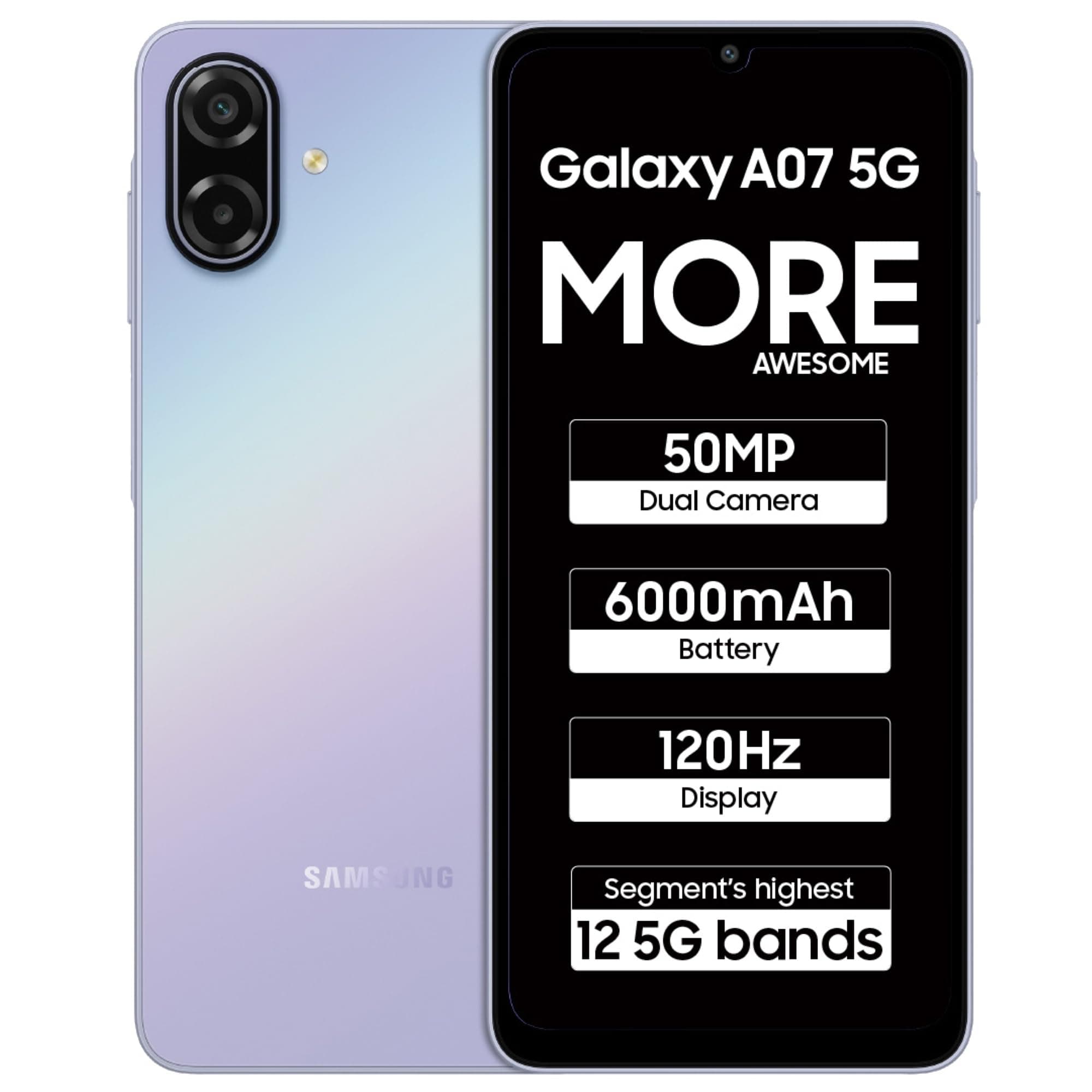 Samsung Galaxy A07 5G Smartphone (Light Violet, 6GB RAM, 128GB Storage) | 120Hz Refresh Rate | Massive 6000mAh Battery | 50MP True Dual Camera | 6 Gen OS Upgrades | Knox Vault