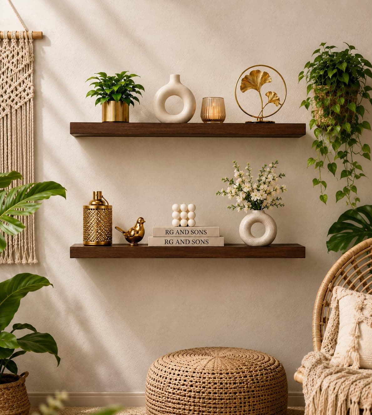 RG & SONS Set of 2 Brown Wall Floating Shelves | Modern Wooden Wall Mounted Display Shelves for Living Room, Bedroom, Office & Home Décor | Space Saving Corner Organizer