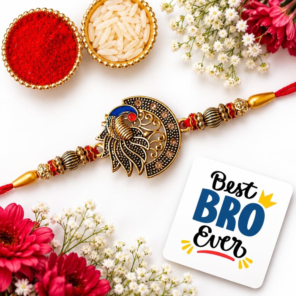 eCraftIndia Designer Peacock Rakhi with Best Bro Ever Fridge Magnet and Roli Chawal Pack - Rakhis for Brother, Bhabhi, Kids