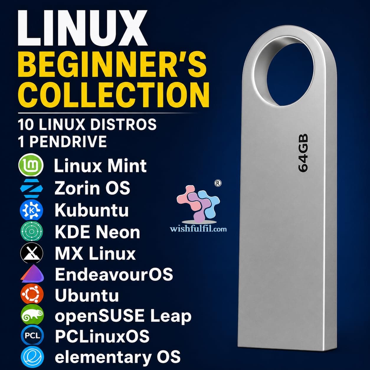 Wishfulfil 10-in-1 Linux Beginner's Collection Live Bootable Installation (64GB) – Linux Mint, Zorin OS, Kubuntu, KDE Neon, MX Linux, EndeavourOS, Ubuntu, openSUSE, PCLinuxOS & elementary OS