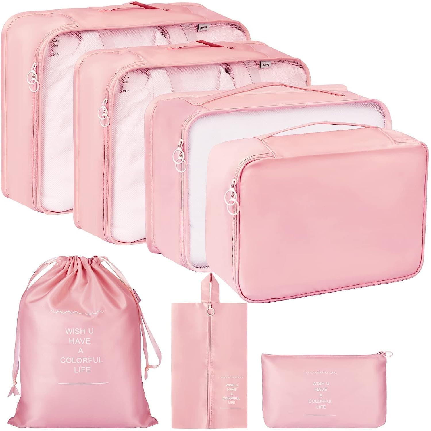 TS WITH TECHSUN Travel Organizer 7 in 1 Travel Laundry Cosmetics Luggage Packing Organizers Set Makeup Bags Organizer Packing Cubes with Shoe Bag for Travel, Nylon (Pink)