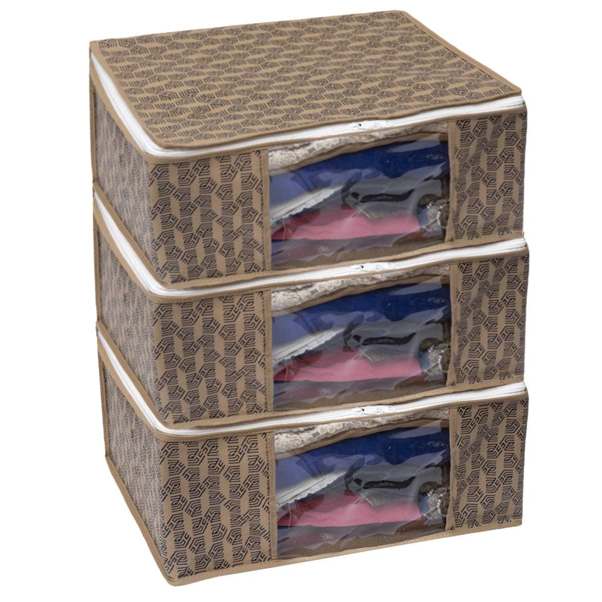 Homestrap Set of 3 Non-Woven Printed Saree Cover/Cloth Storage/Organizer with Transparent Window (Beige)(Shark Tank Product)