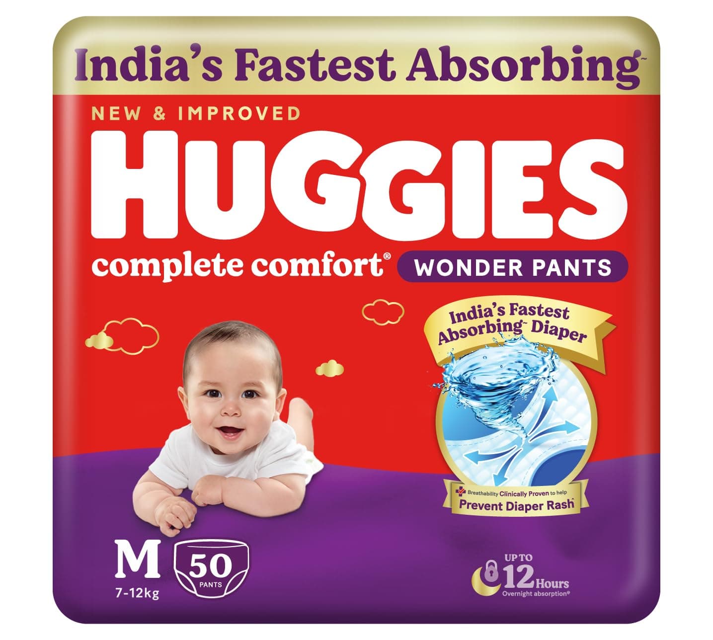 Huggies Complete Comfort Wonder Pants | Pant Style Baby Diapers Medium Size (M), 50 Count | India's Fastest Absorbing Diaper, Prevents Diaper Rash, Ideal for 7 to 12 Kgs