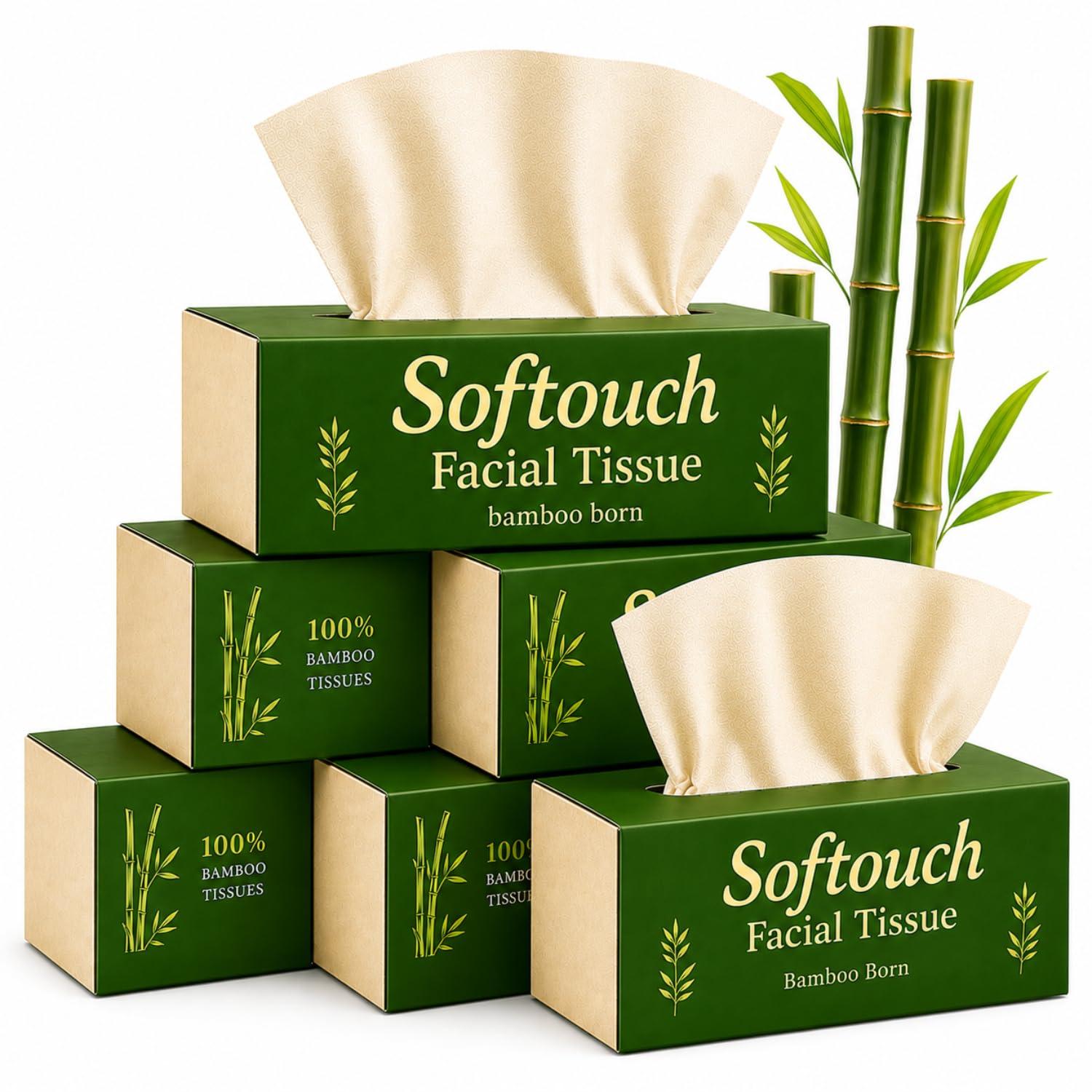 Softouch 2 Ply Bamboo Facial Tissue Paper | 600 Pulls | 100 Pulls X 6 Soft Pack| Soft And Highly Absorbent | 100% Natural & Eco friendly Tissue Papers