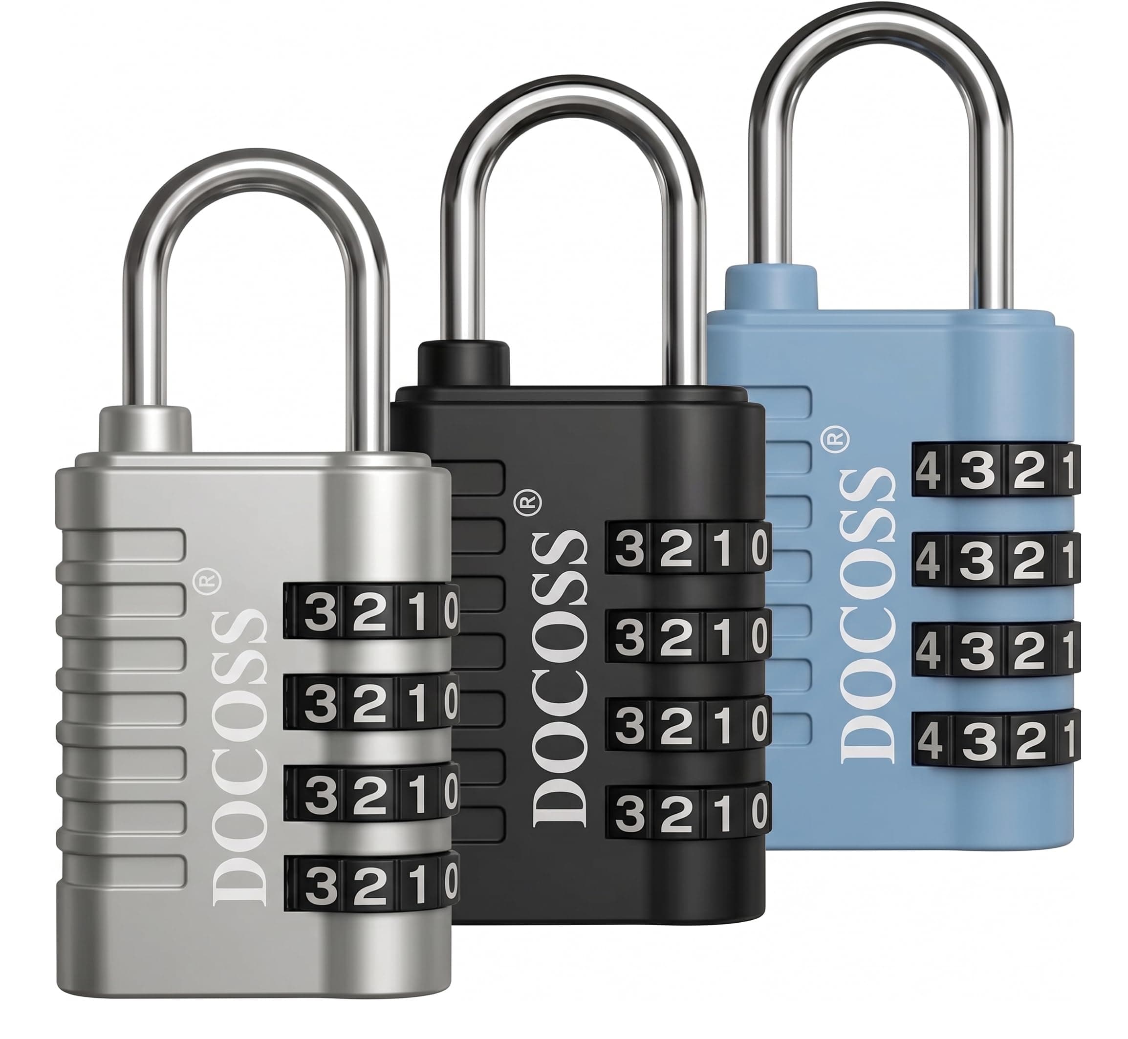 DOCOSS Metal 4 Digit Combination Number Lock for Luggage Bag,Water-Resistant & Hardened Shackle,Pack of 3 (Black,Silver, Blue)