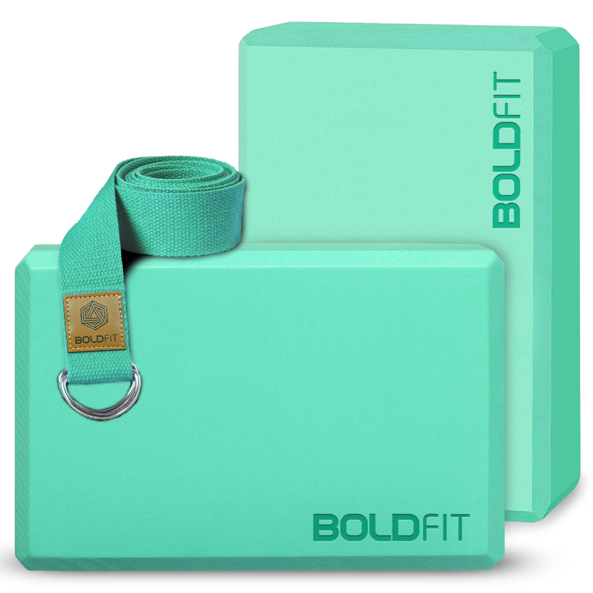 Boldfit Yoga Blocks & Belt - High Density Foam Bricks Pack of 2 for Stretching, Balancing & Pose Support - Green