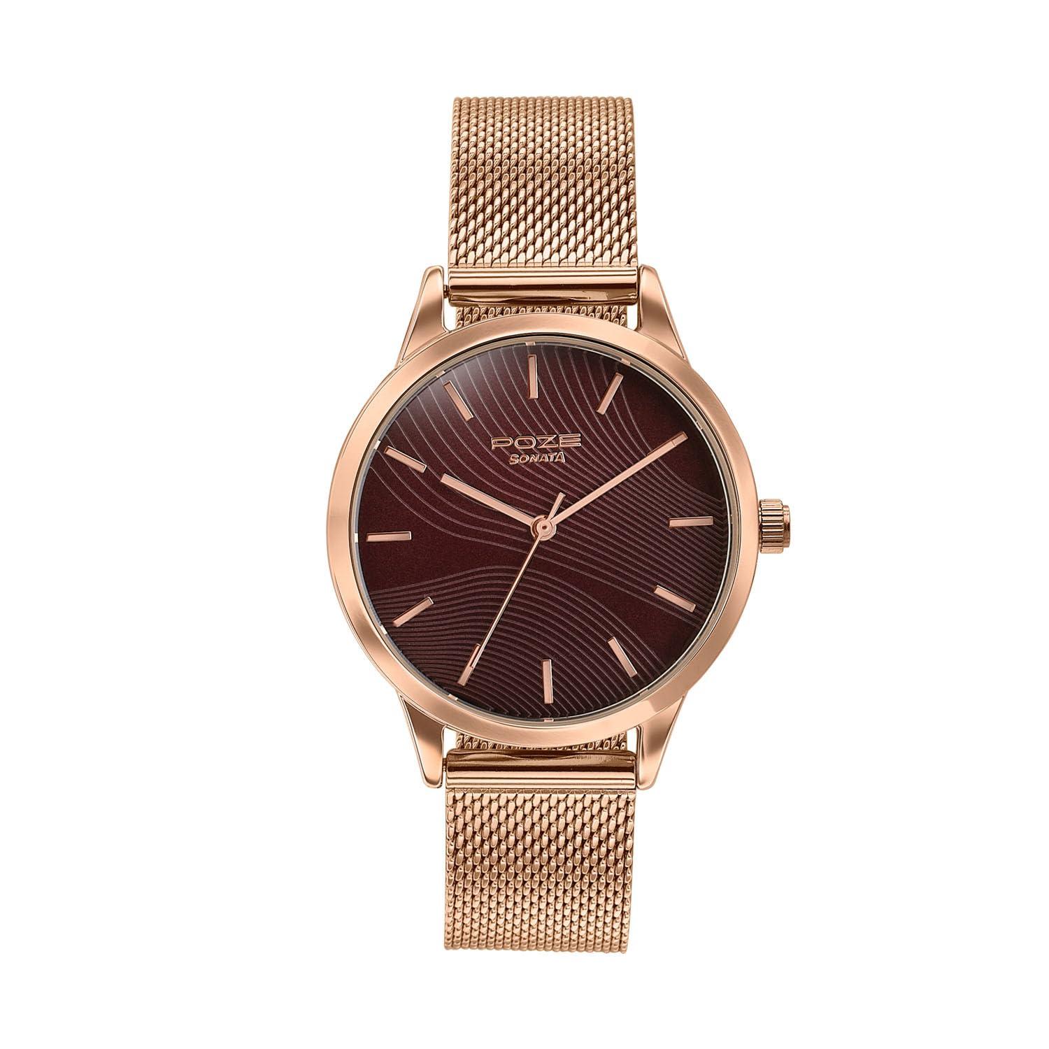 Sonata Poze 9 with Quartz Analog Cocoa Powder Dial IPG Strap Watch for Women - SP80190WM01W