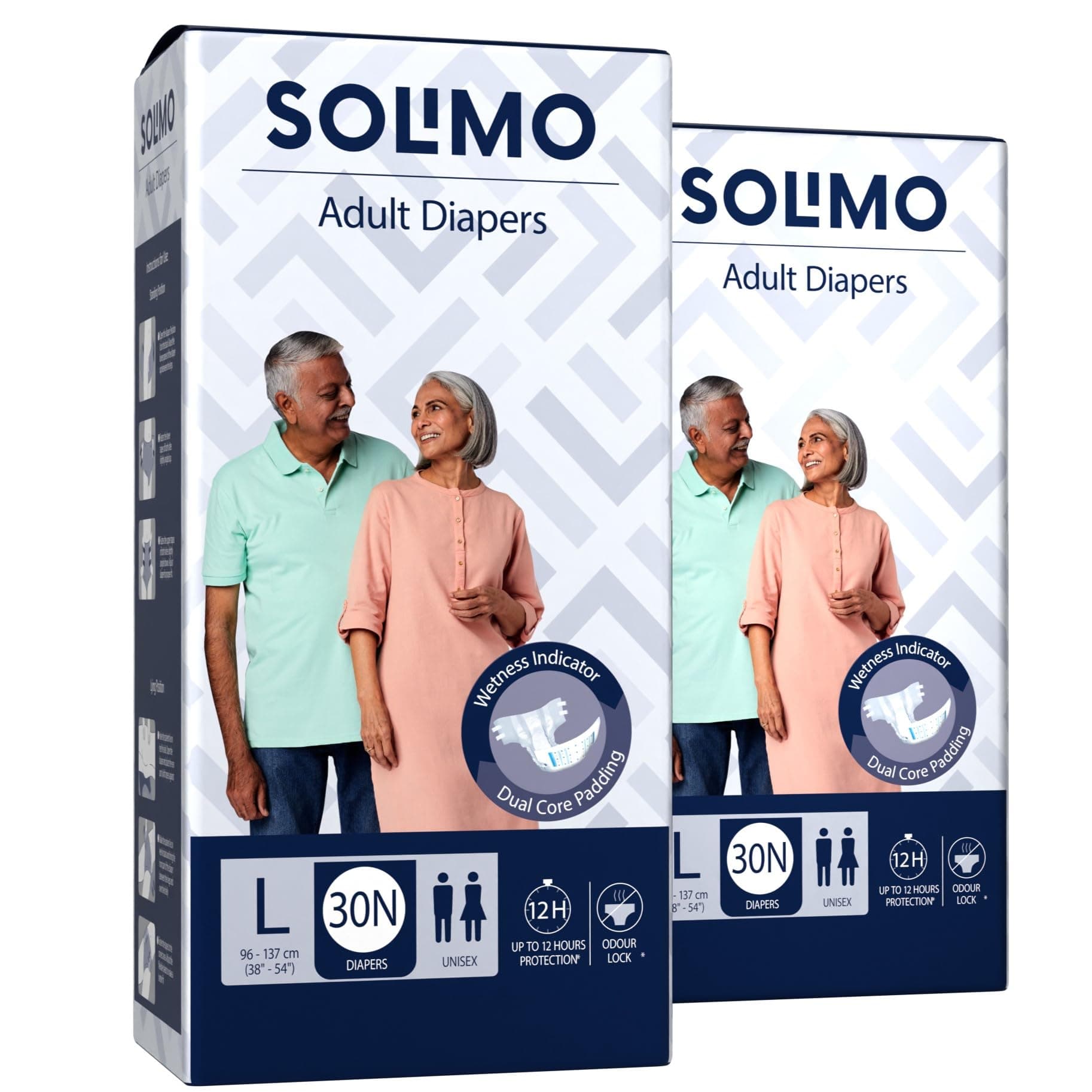 Amazon Brand - Solimo Adult Diapers, Tape Style | Pack of 60 | Large Size | Waist 38-54 in (96-137 cm) | Unisex | Quick Absorption | Leak Proof Upto 12 Hours | Wetness Indicator | For Men & Women