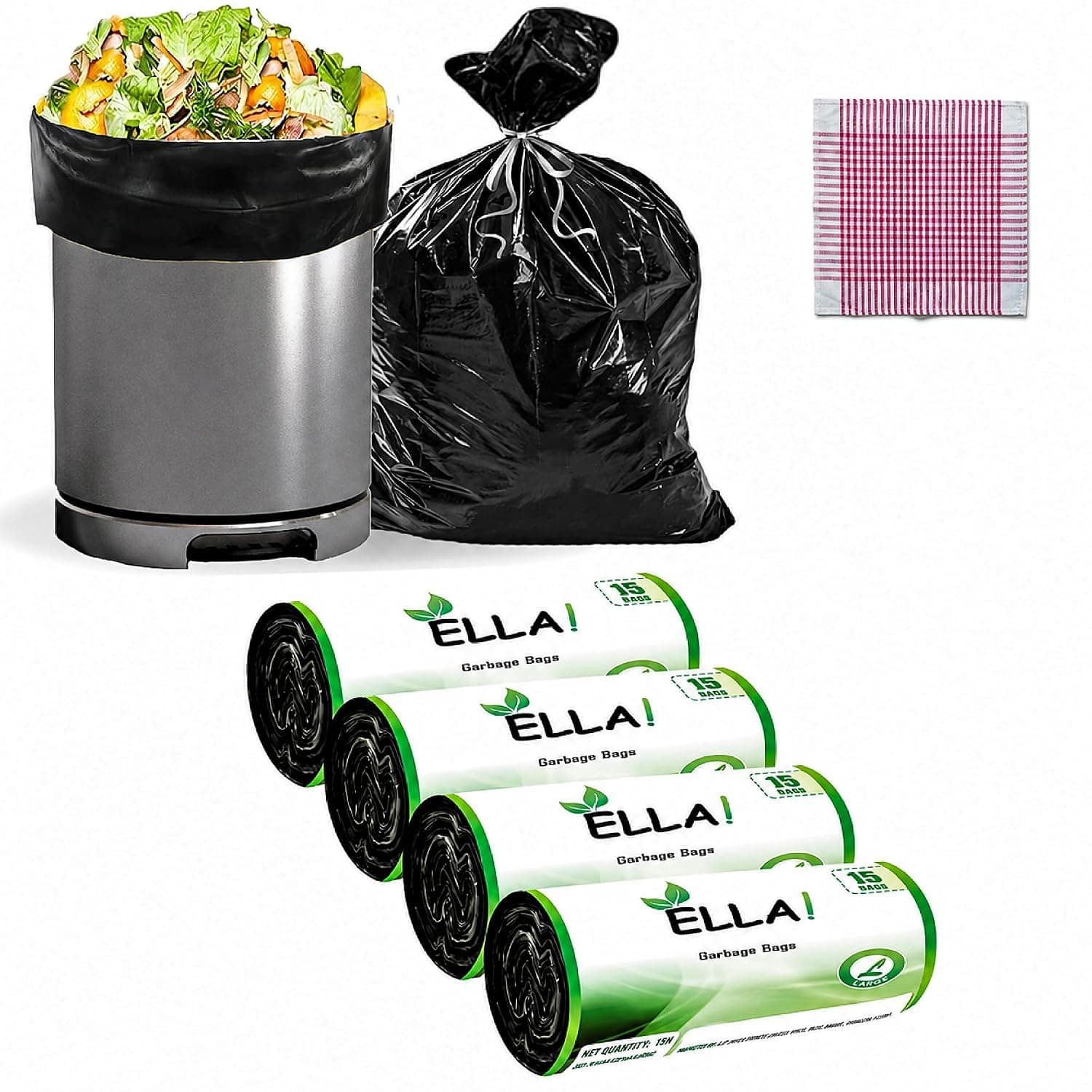 Ella Garbage Bags 24x32 Inches Large 60 Bags 4 Rolls | Leak Proof & Tear Resistant Trash Bags for Kitchen Home & Commercial Use | Dustbin Bags For Dry & Wet Waste With Free Check Duster Cloth-Black