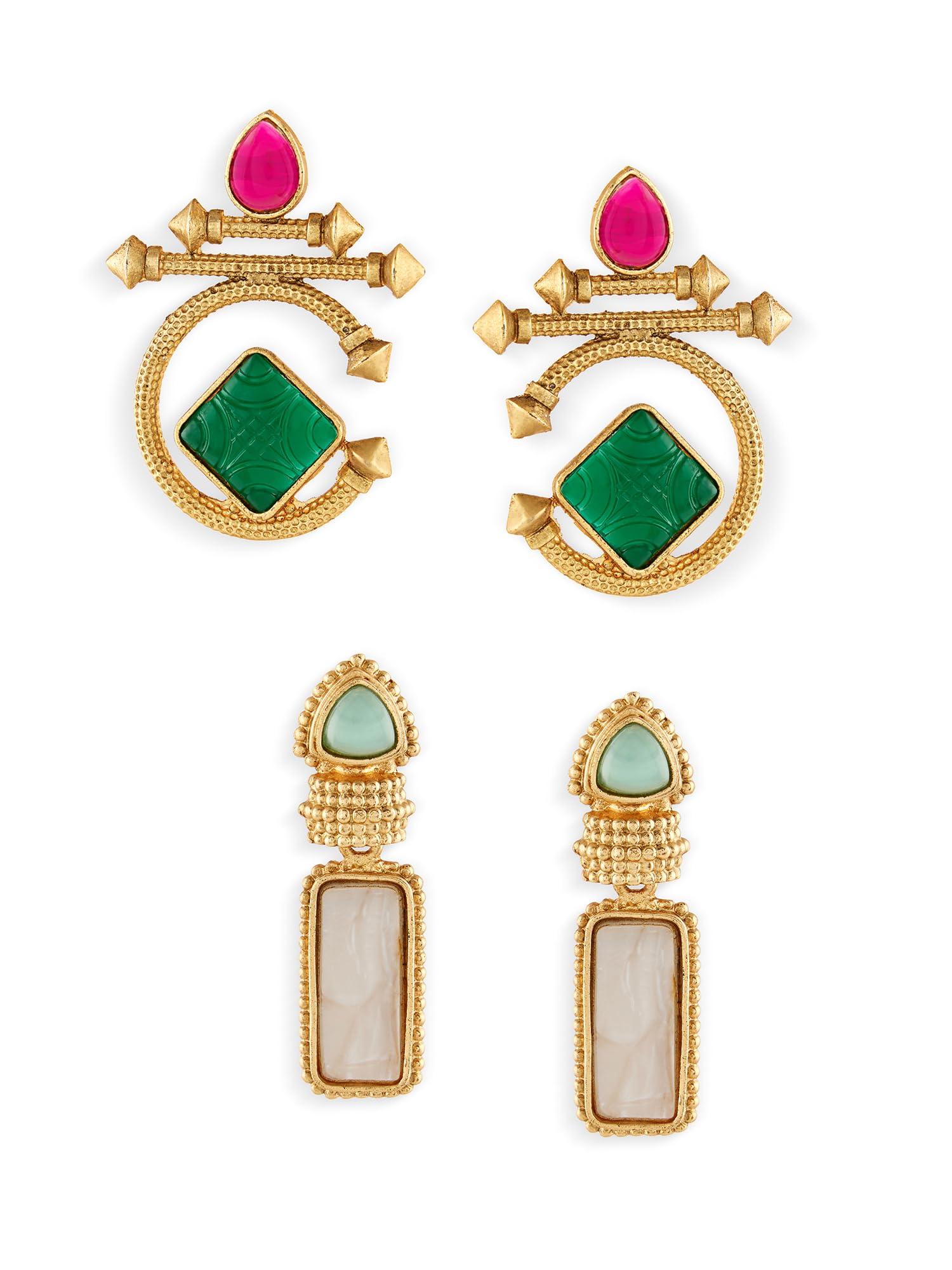 Zaveri Pearls Combo of 2 Multicolor Stones Embellished Statement Ethnic Drop Earrings For Women-ZPFK21351