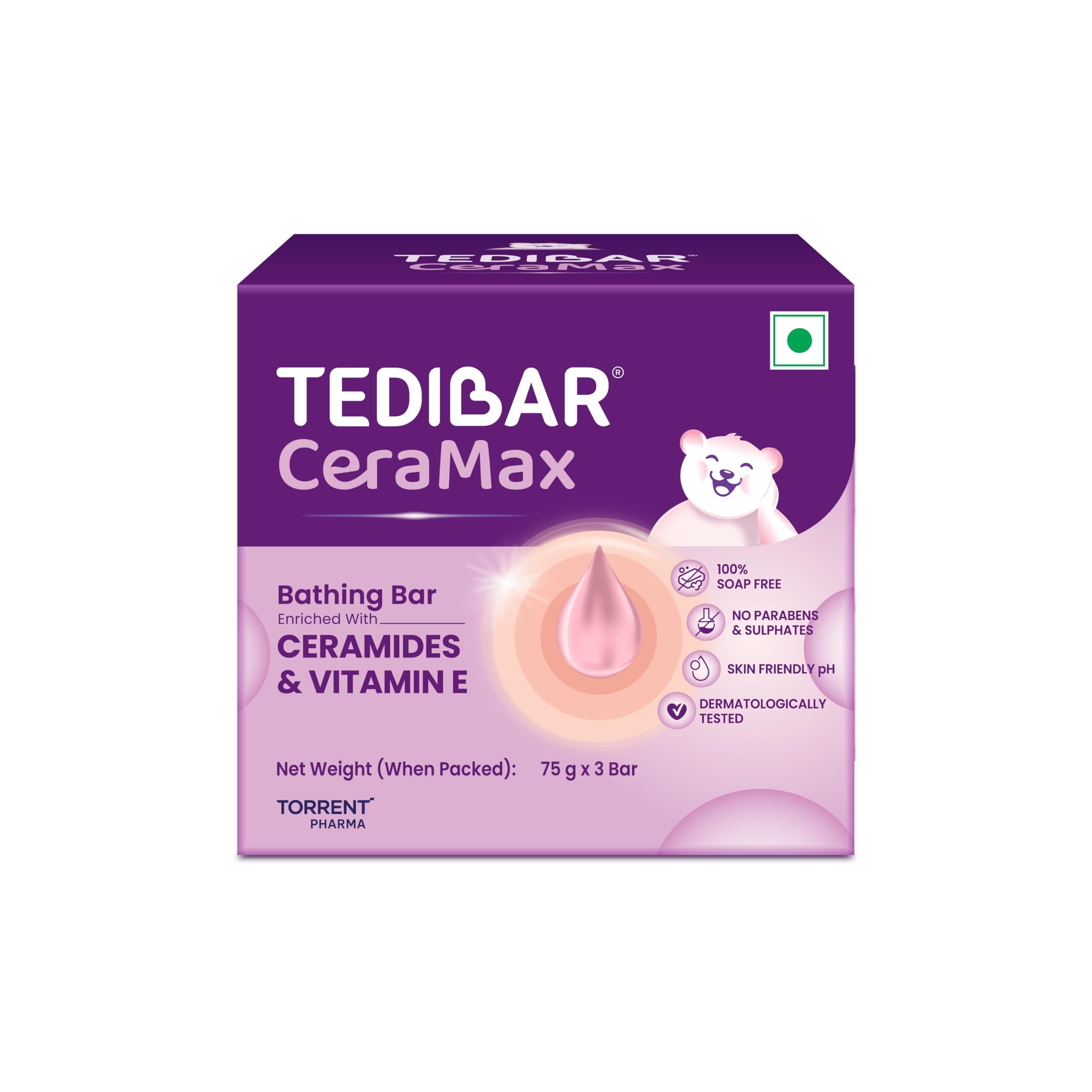 Tedibar Ceramax Baby Bathing Bar -75g x 3 | Pack of 3 | Enriched with Ceramides & Vitamin E | 100% Soap Free | Skin friendly pH | By Torrent Pharma