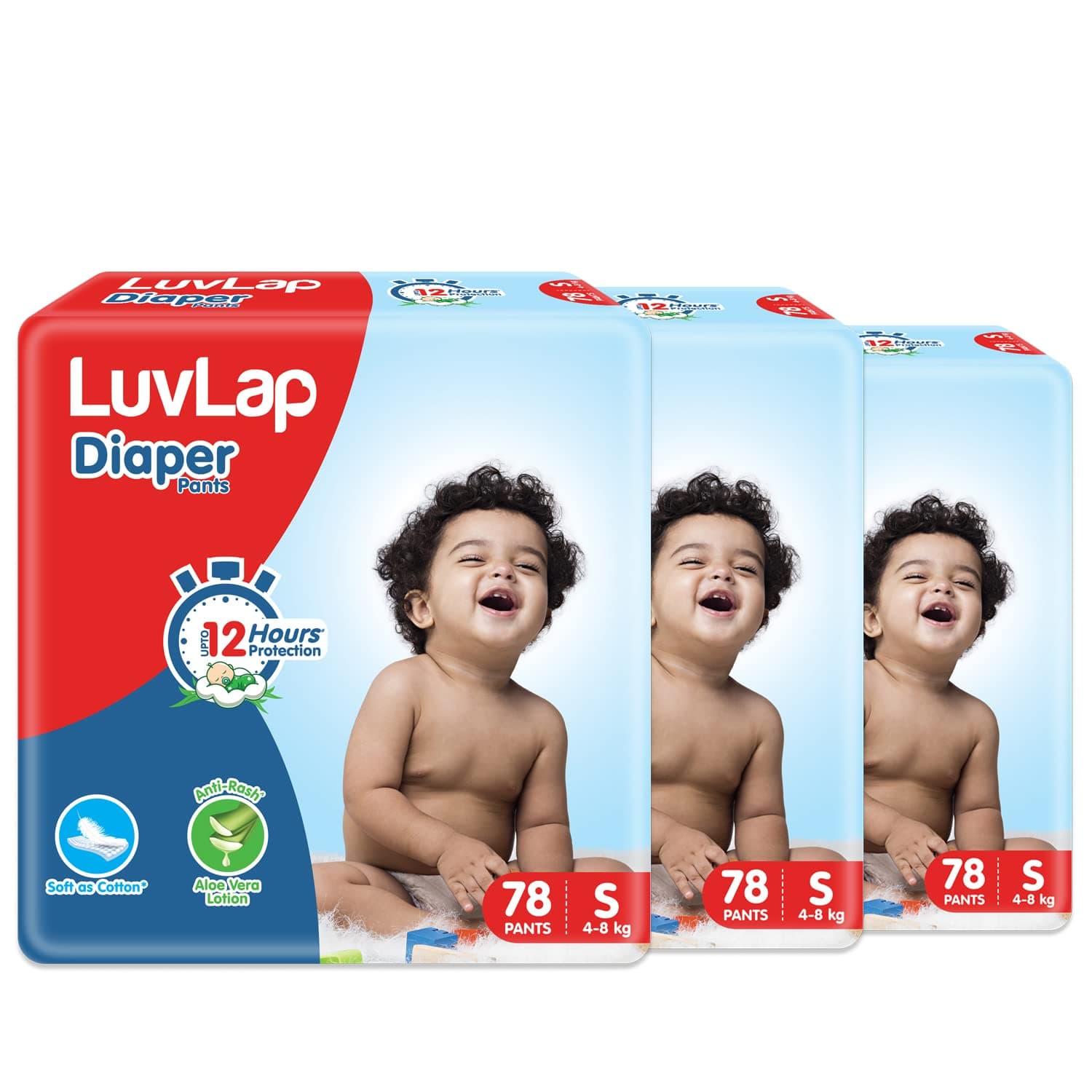 LuvLap Pant Style Baby Diapers, Small (SM) For babies of 4 to 8Kg, 234 Count (78x3) with Aloe Vera Lotion for rash protection, with upto 12hr protection Diapers, (78 Count, Pack of 3)