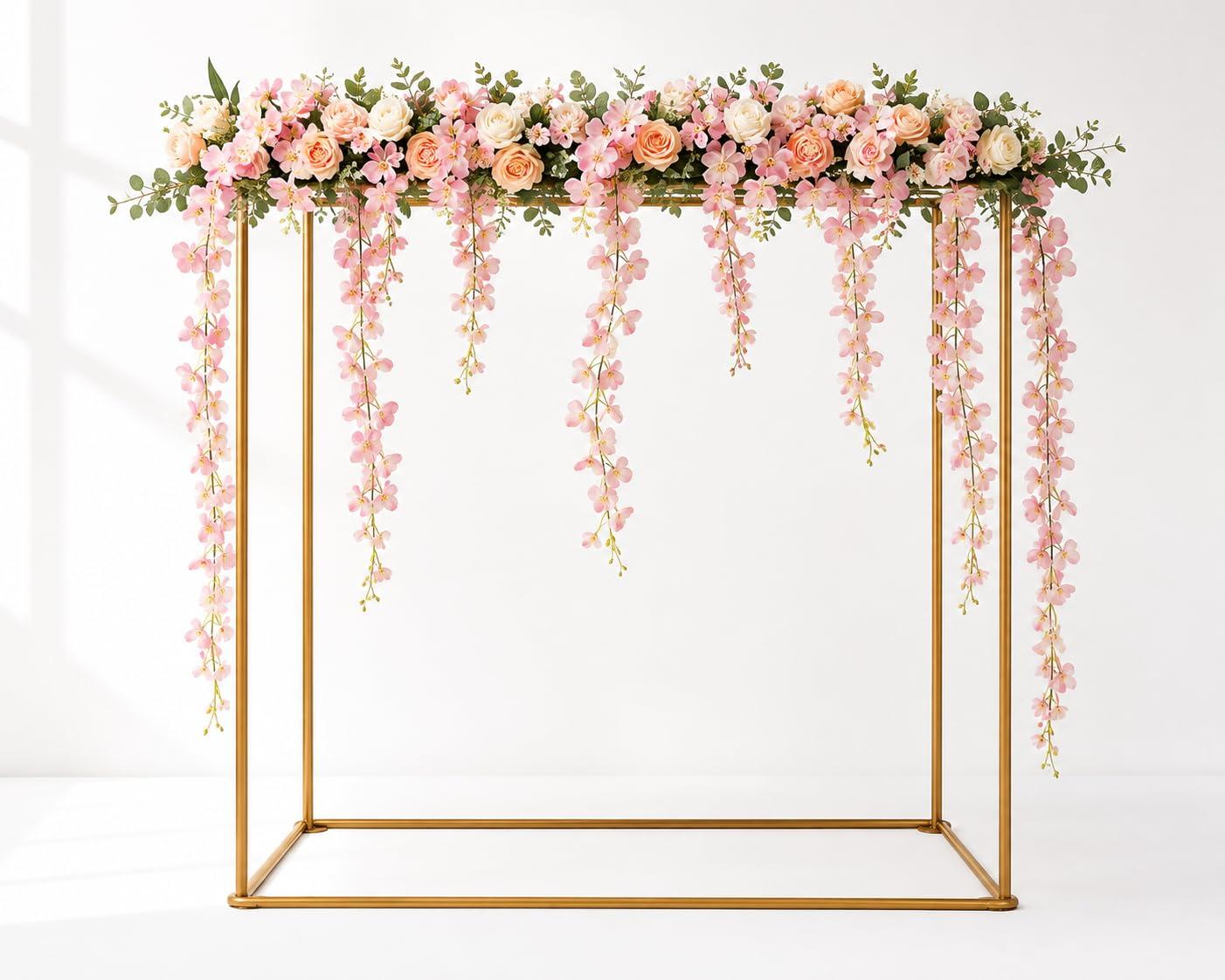 Divine Quest Gold Metal Decorative Stand without Pink Wisteria Garland - 31" Decorative Table Arch Backdrop Stand for Home Mandap Decor, Wedding Stage, Pooja, Festival & Entryway Decoration (26" W x 31" H)