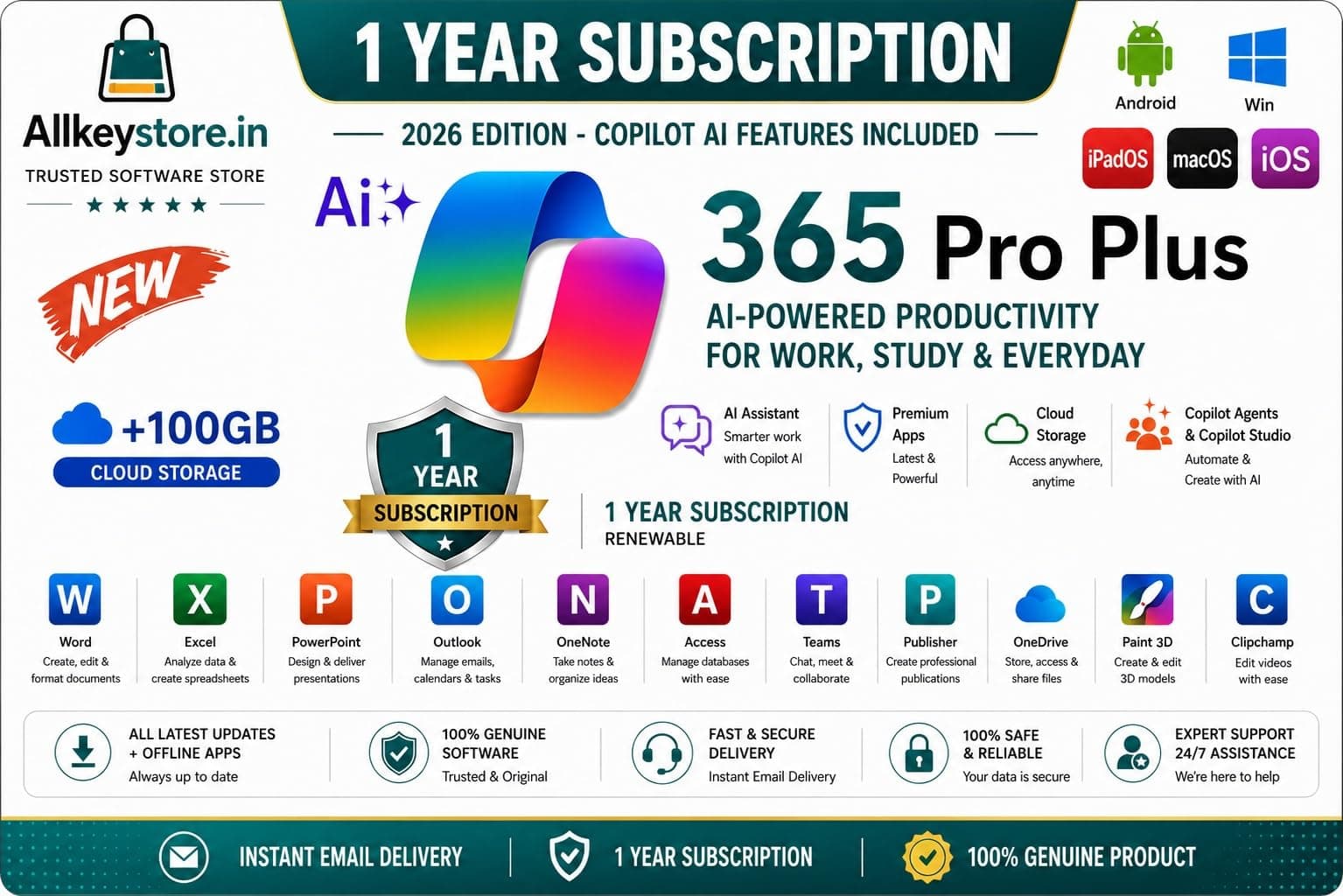 365 Pro Plus Edition 2026 with AI Chat, 5 Devices - 1 Year Subscription , Win/MacOS/iOS/Android, 100 GB Cloud Storage.