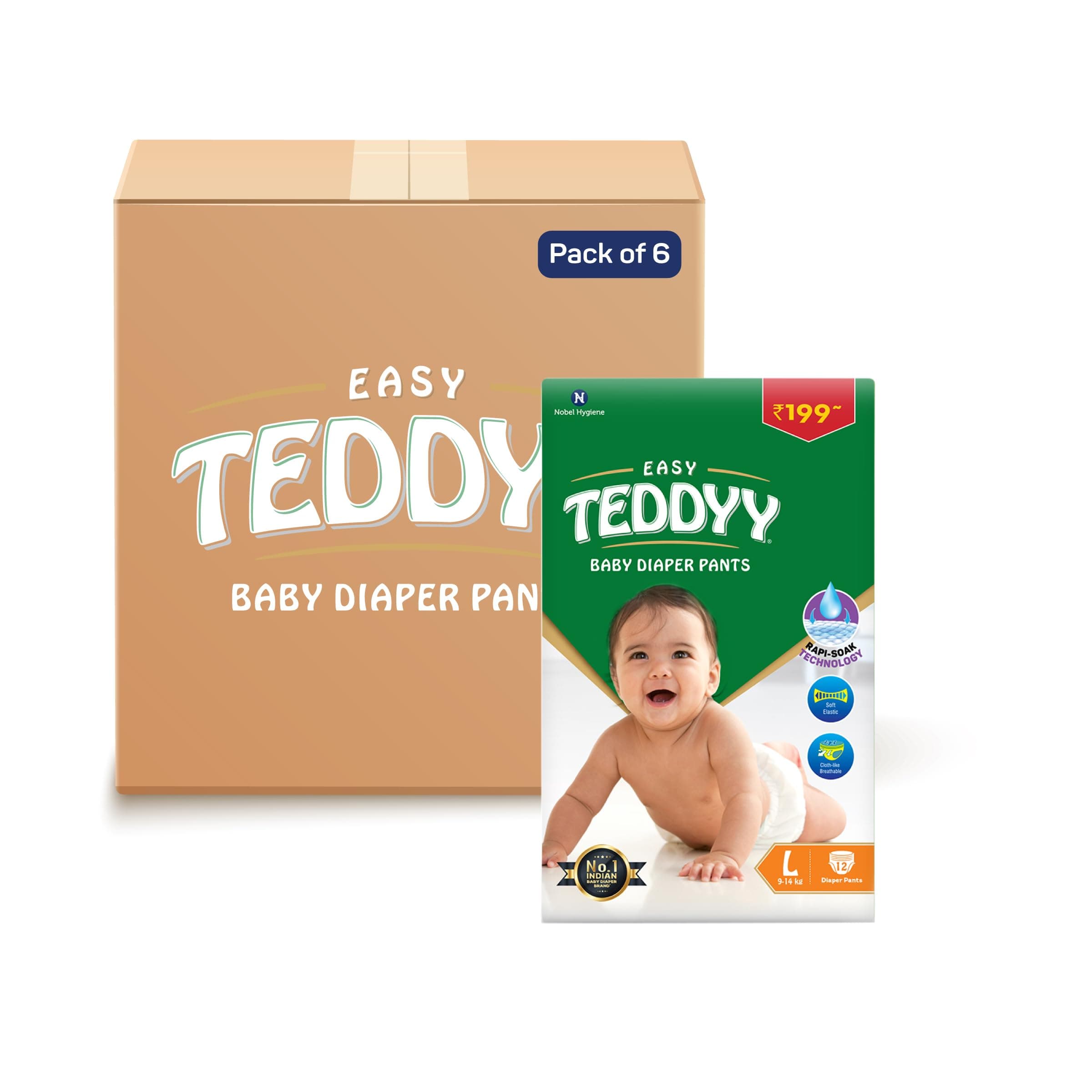 TEDDYY Easy Baby L Size Diaper Pant Style| 72 Count (Large) | 9–14 kg (Pack of 6) | Long Protection Hours | Anti-Bacterial | Airy Breathable Fit | Rapid Soaker Channels with Wetness Indicator