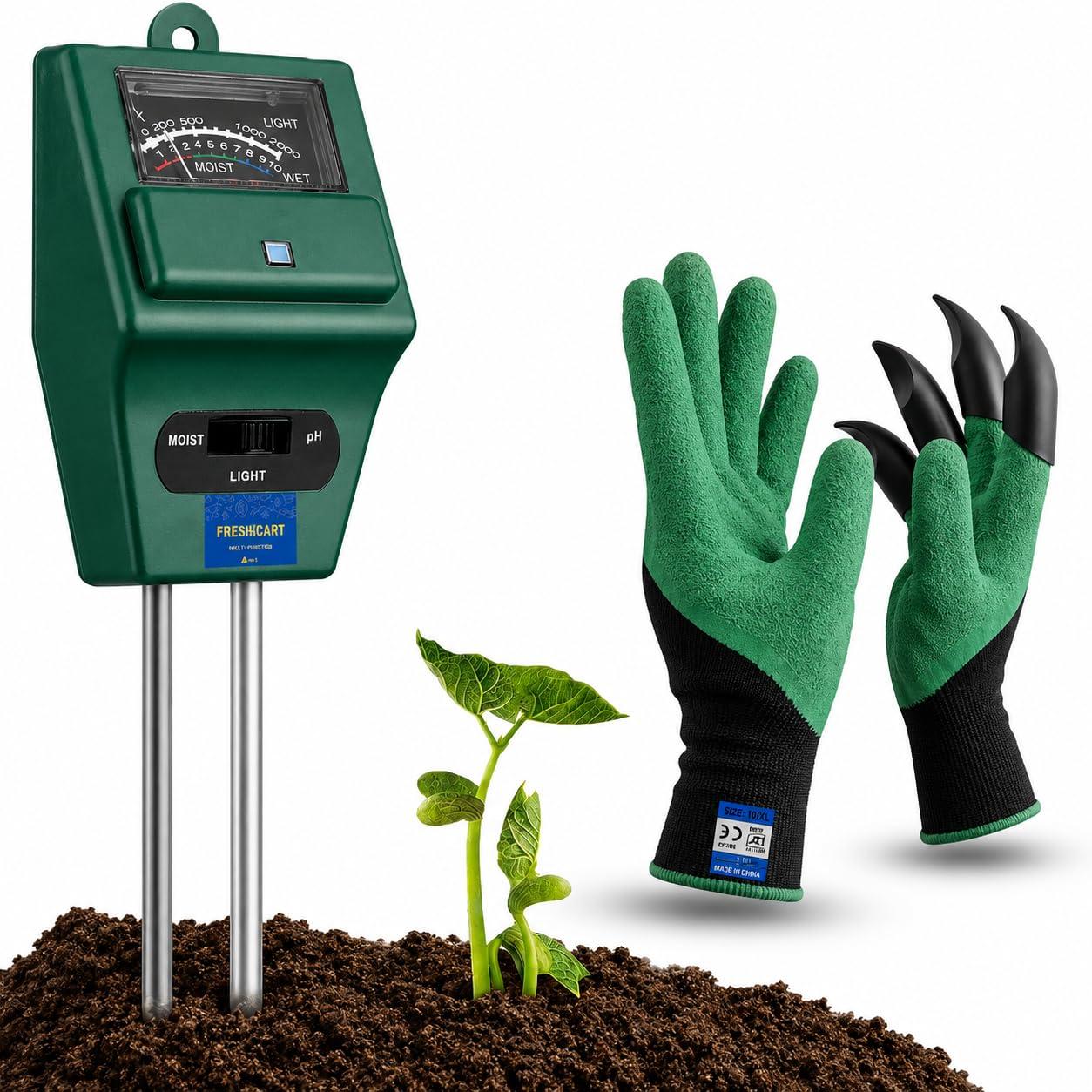FreshDcart Solar pH Meter for Soil Testing - New 3 in 1 Soil Moisture Sensor, Soil pH Meter for Agriculture & Solar Light Meter, Moisture Meter for Plants, Acidity Tester with Garden Gloves