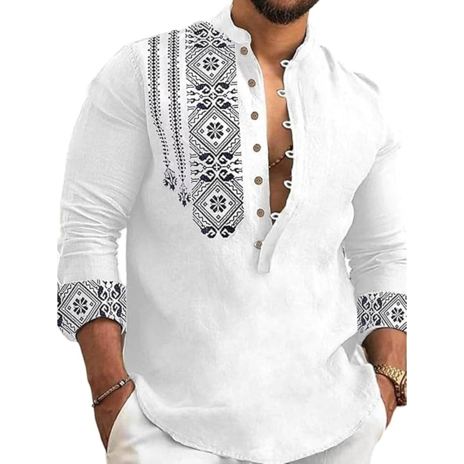 DEELMO Men's Cotton Blend Mandarin Collar Regular Fit Full Sleeve Casual Short Kurta, White, L