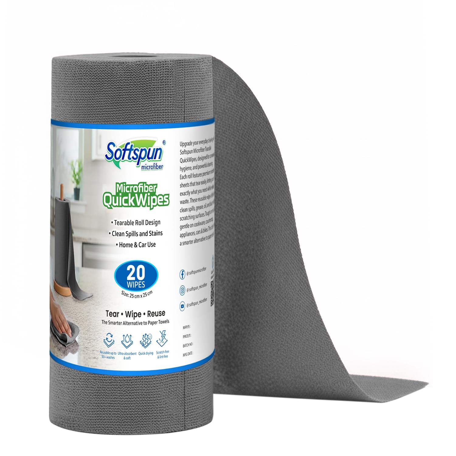 SOFTSPUN Microfiber Cleaning Roll – 20 Quick Wipes, 10X Cheaper Than Paper Kitchen Roll Reusable & Lint-Free Cloth for Kitchen, Glass & Home Cleaning | 25×25 cm (Grey)