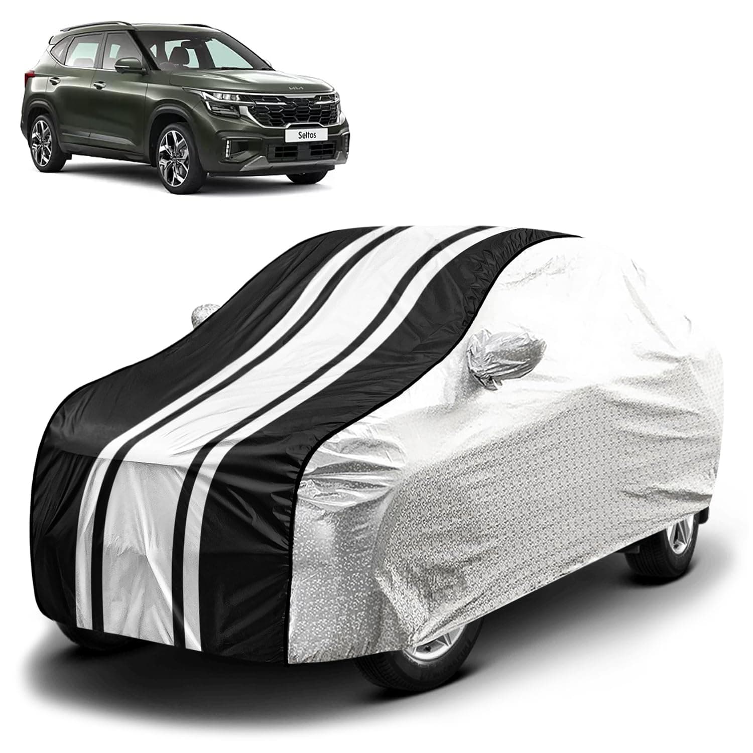 Fabtec Waterproof Car Body Cover for Kia Seltos with Mirror Pocket and Soft Cotton Lining, Bottom Elastic, Triple Stitched (Metallic Silver with Black Stripes) (No Antenna Pocket)